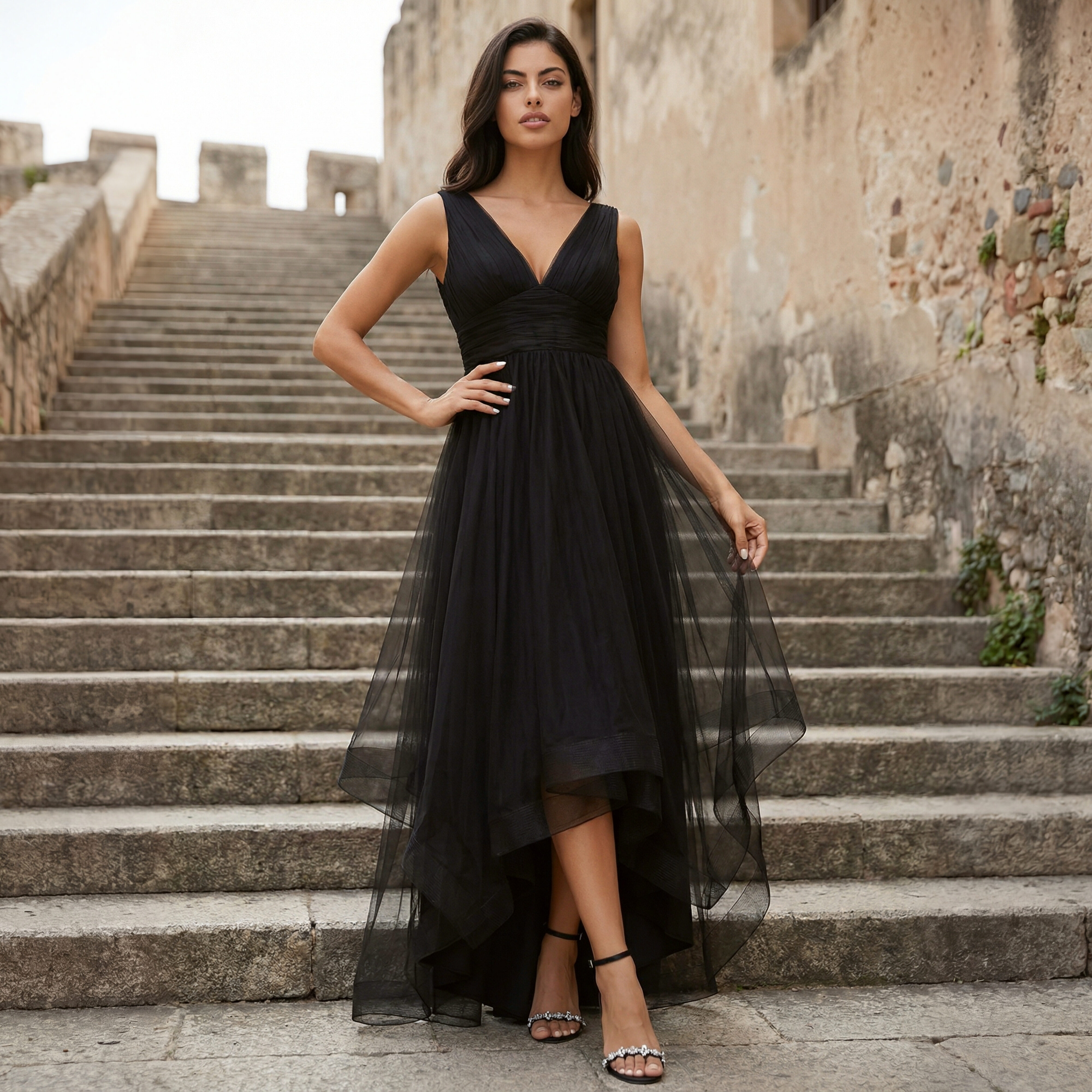 black high low tulle dress Sparkle Black High-Low Tulle A-line Spaghetti Straps Prom Dresses, FC6 main image 1