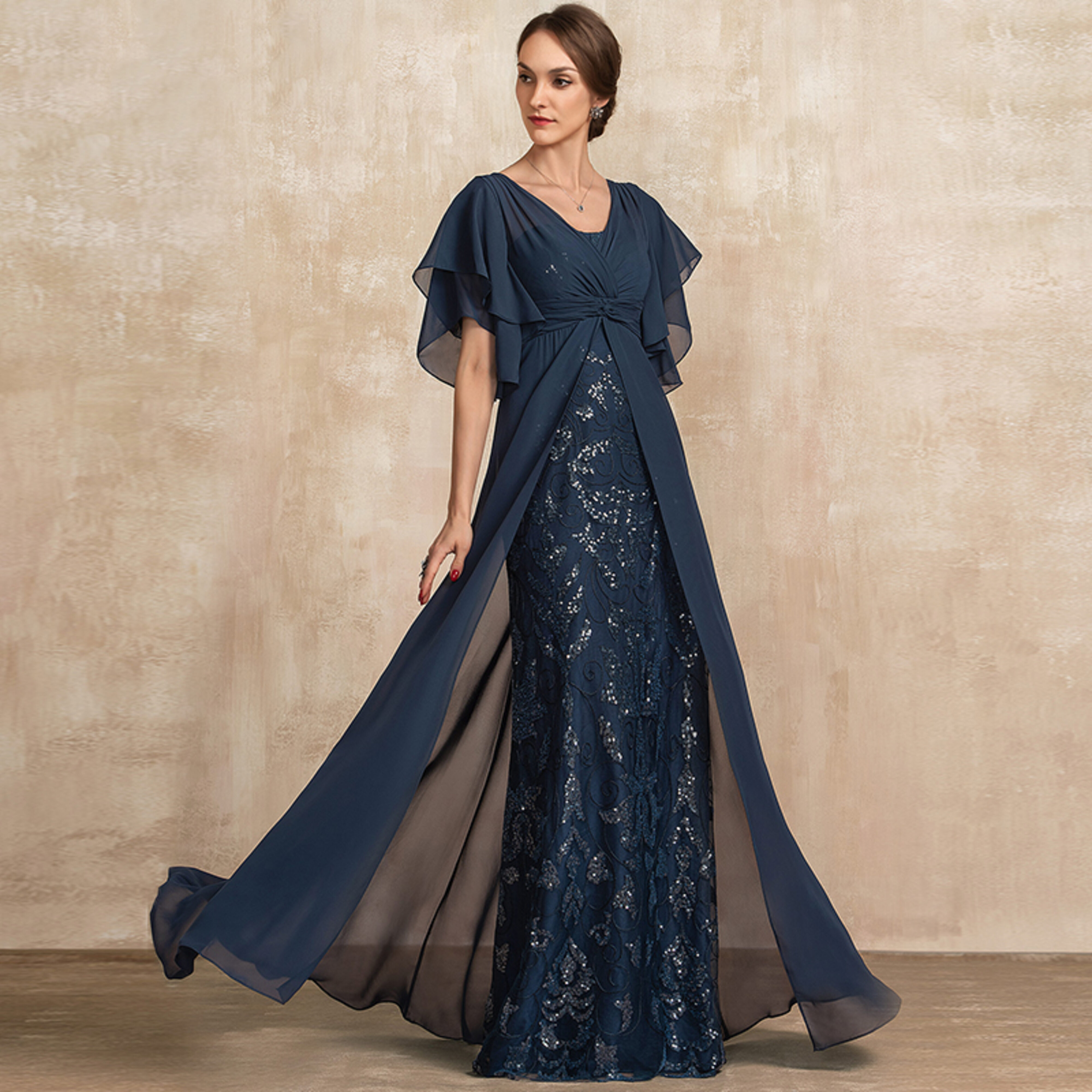 Aglaia Sheath/Column V-Neck Pleated Chiffon Mother of the Bride
