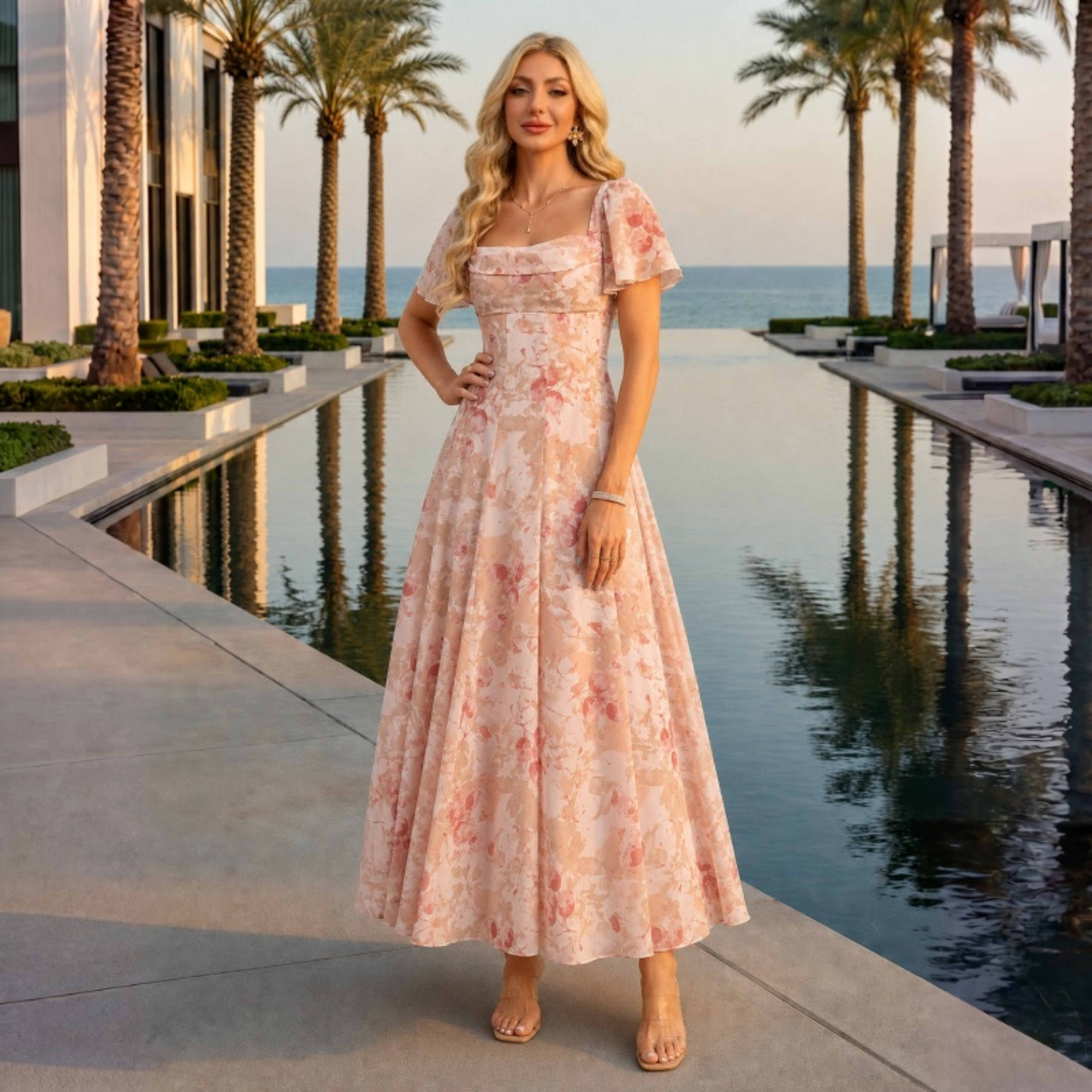 Soline Cowl Floral Print Chiffon Midi Dress | JJ's House