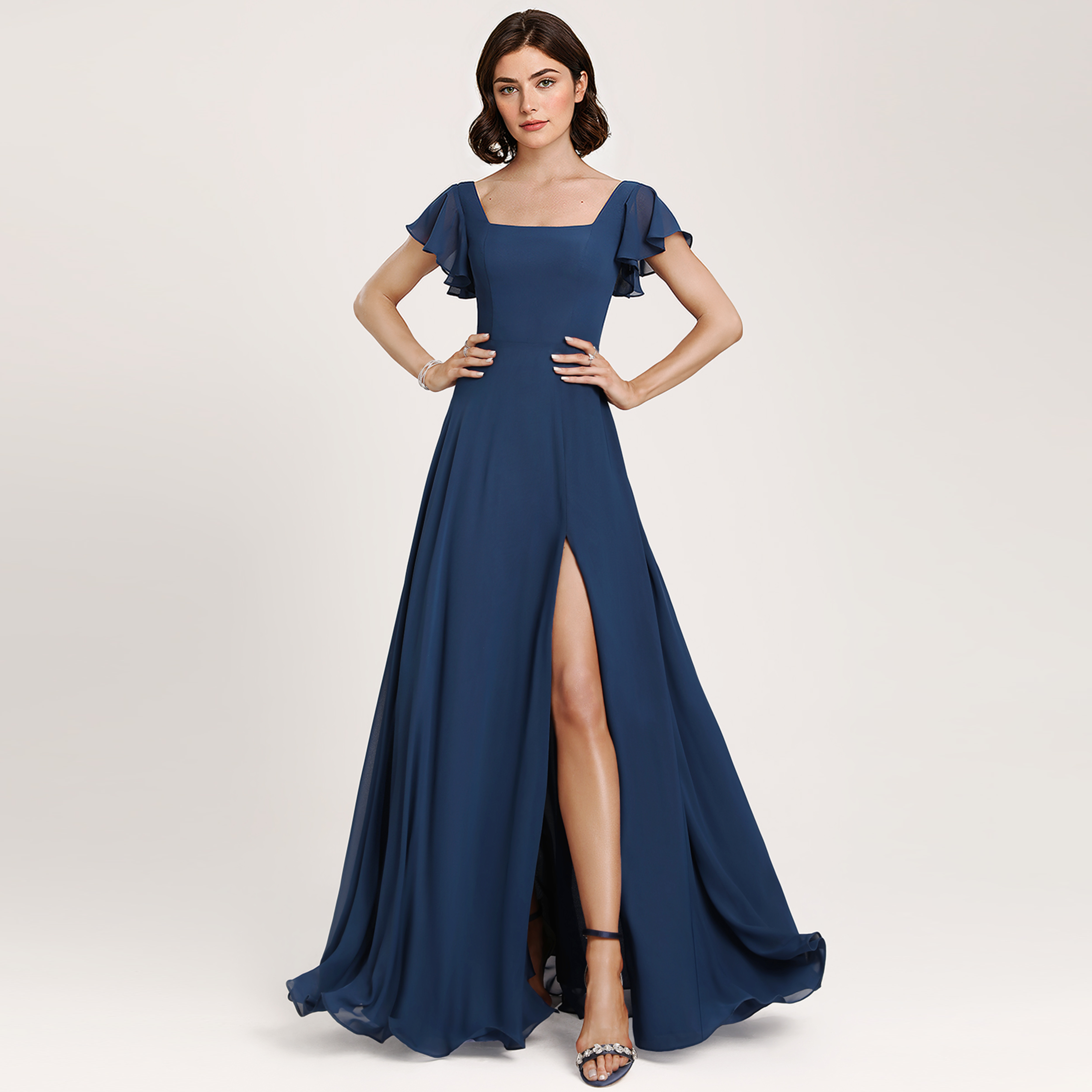 j crew navy blue bridesmaid dresses JJ's House A-line Square Floor-Length Chiffon Dress 2025 With Ruffle Lady in a Blue adding a touch of Grey Bandage Dress Color:FRENCH BLUE/PINK