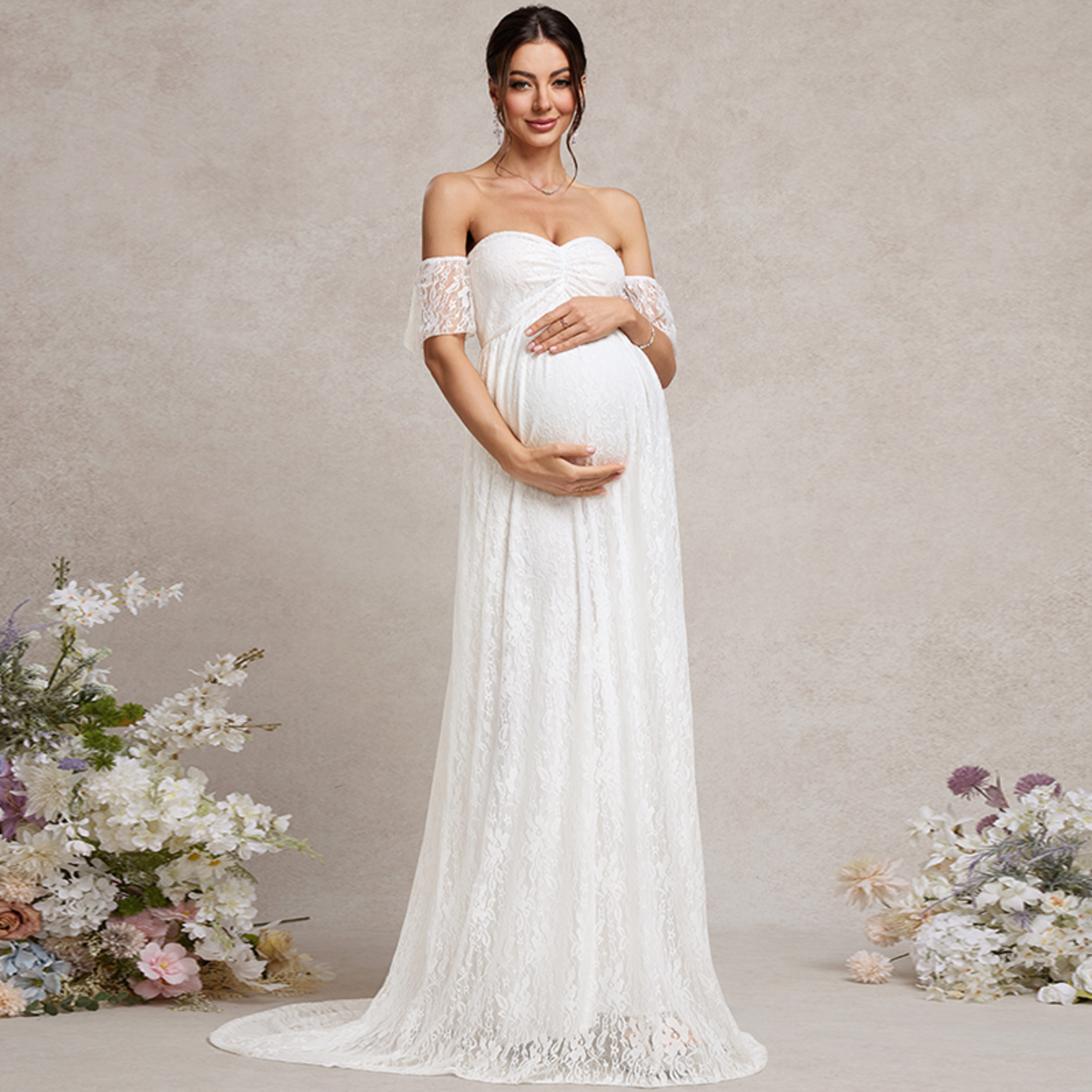 white lace off the shoulder maternity dress Momyknows White Off Shoulder Lace Bandeau Tie Front Mermaid Bandage Going Out Photoshoot Maternity Maxi Dress, White / XL