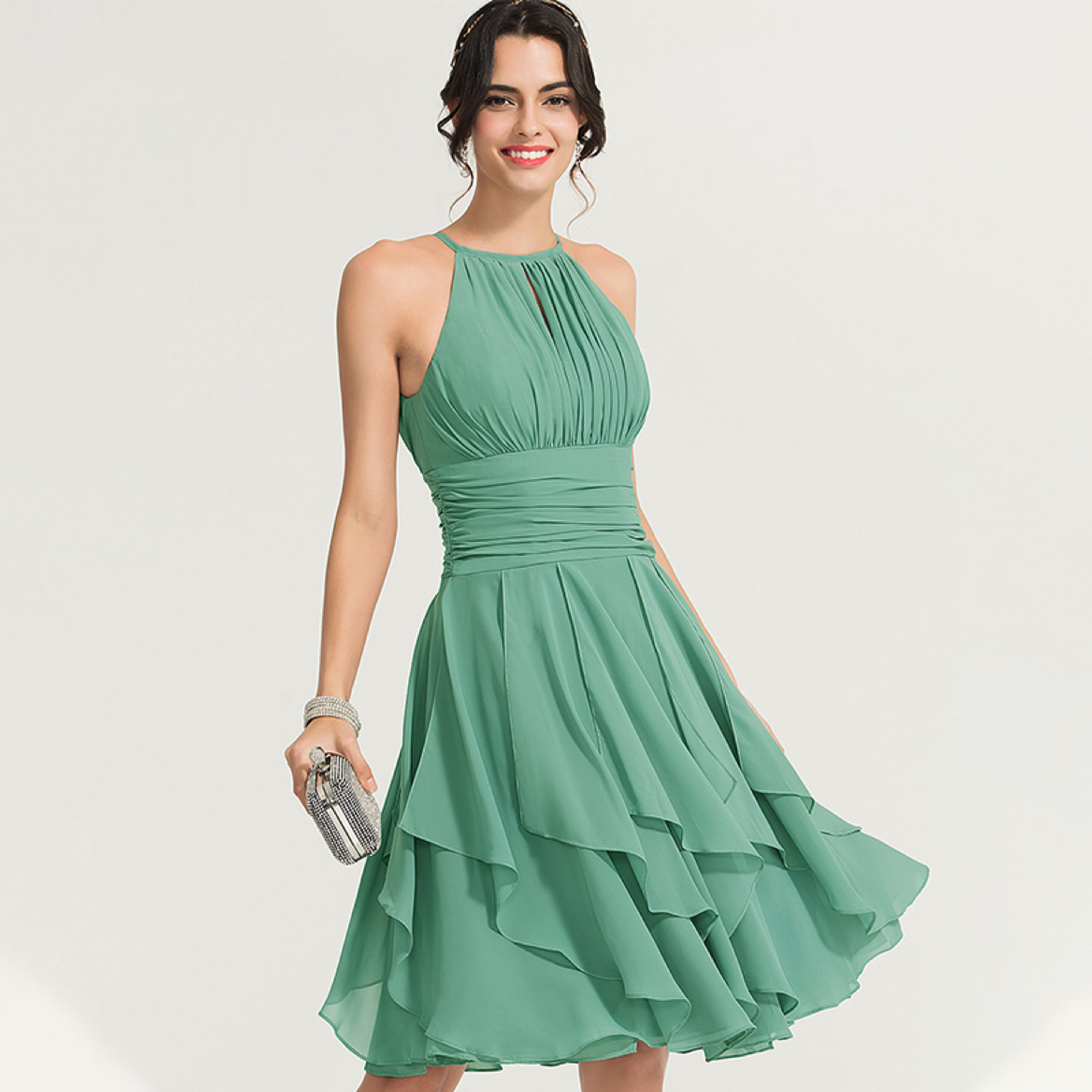 juniper halter neck ruffle hem crepe cocktail dress Halston Women's Juniper Faux-Feather Strapless Minidress - Quartz