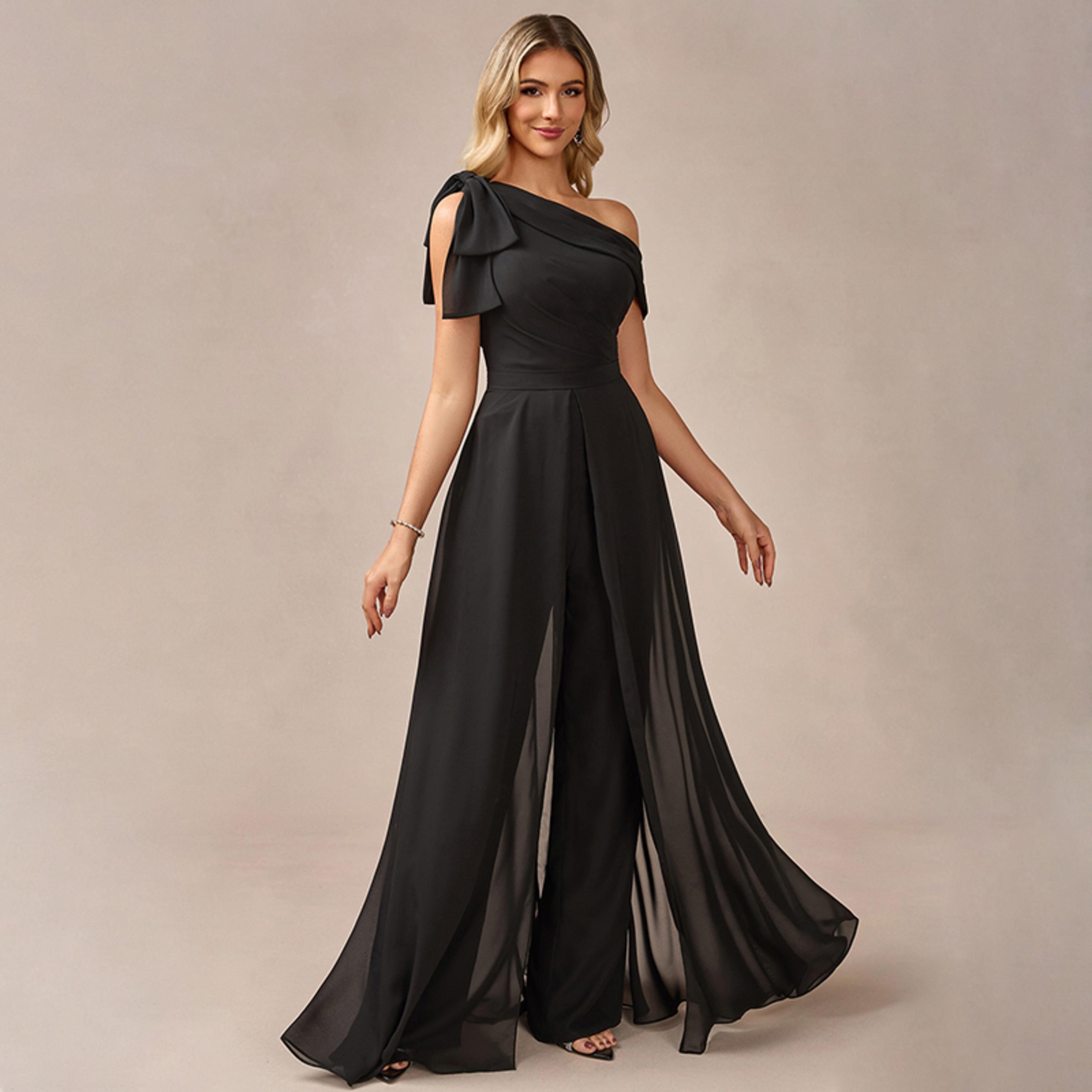 Pixie One Shoulder Overskirt Chiffon Maxi Evening Jumpsuit | JJ's
