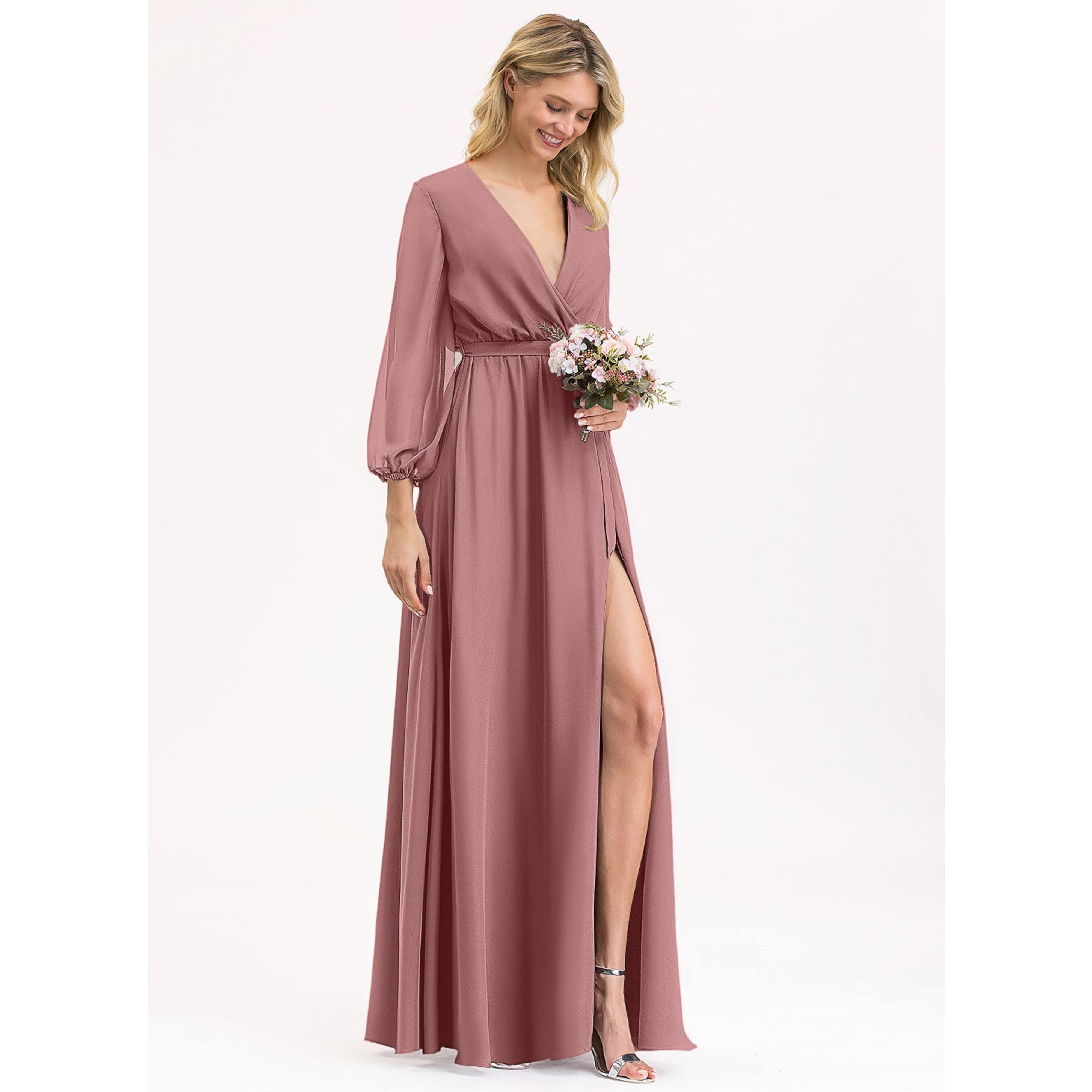 JJ's House A-line V-Neck Floor-Length Chiffon Bridesmaid Dress 2025 With Bow Pleated