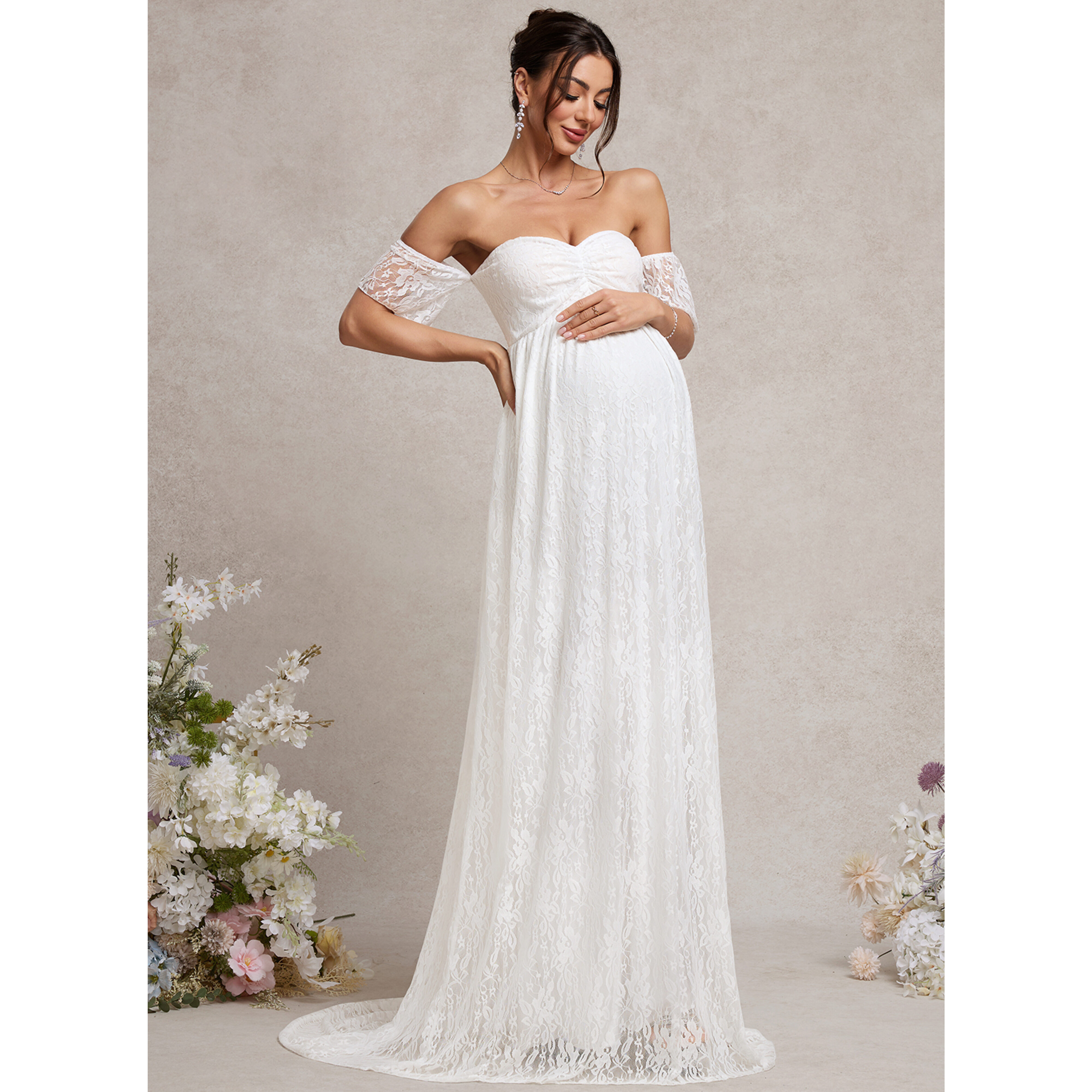 off the shoulder white lace maternity dress Momyknows White Lace Off Shoulder Mermaid Bodycon Wedding Gown Baby Shower Elegant Foamal Maternity Photoshoot Maxi Dress, White / S
