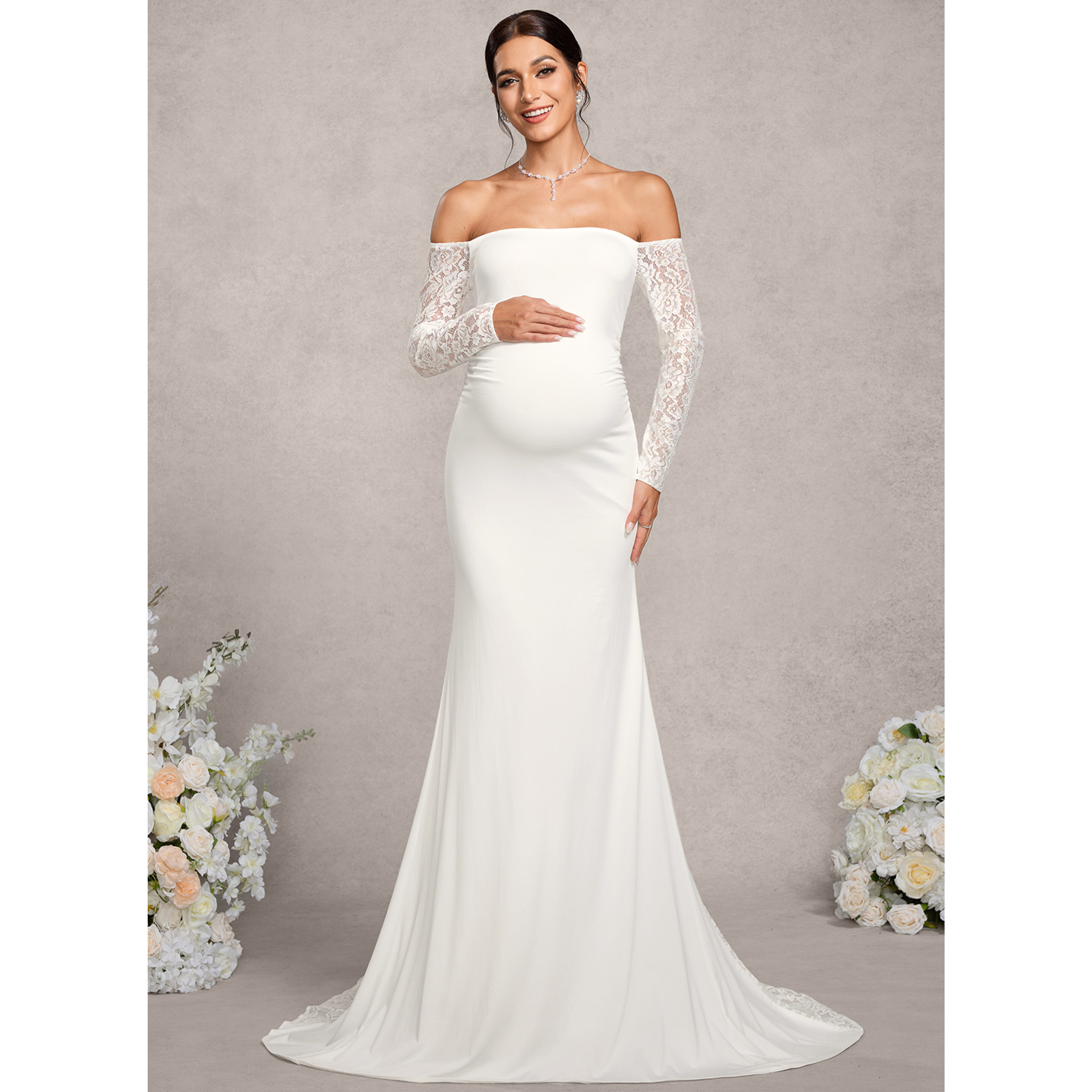 mermaid wedding dress pregnant JJ's House Trumpet Mermaid Off the Shoulder Sweep Train Lace Jersey Maternity Wedding Dress 2026