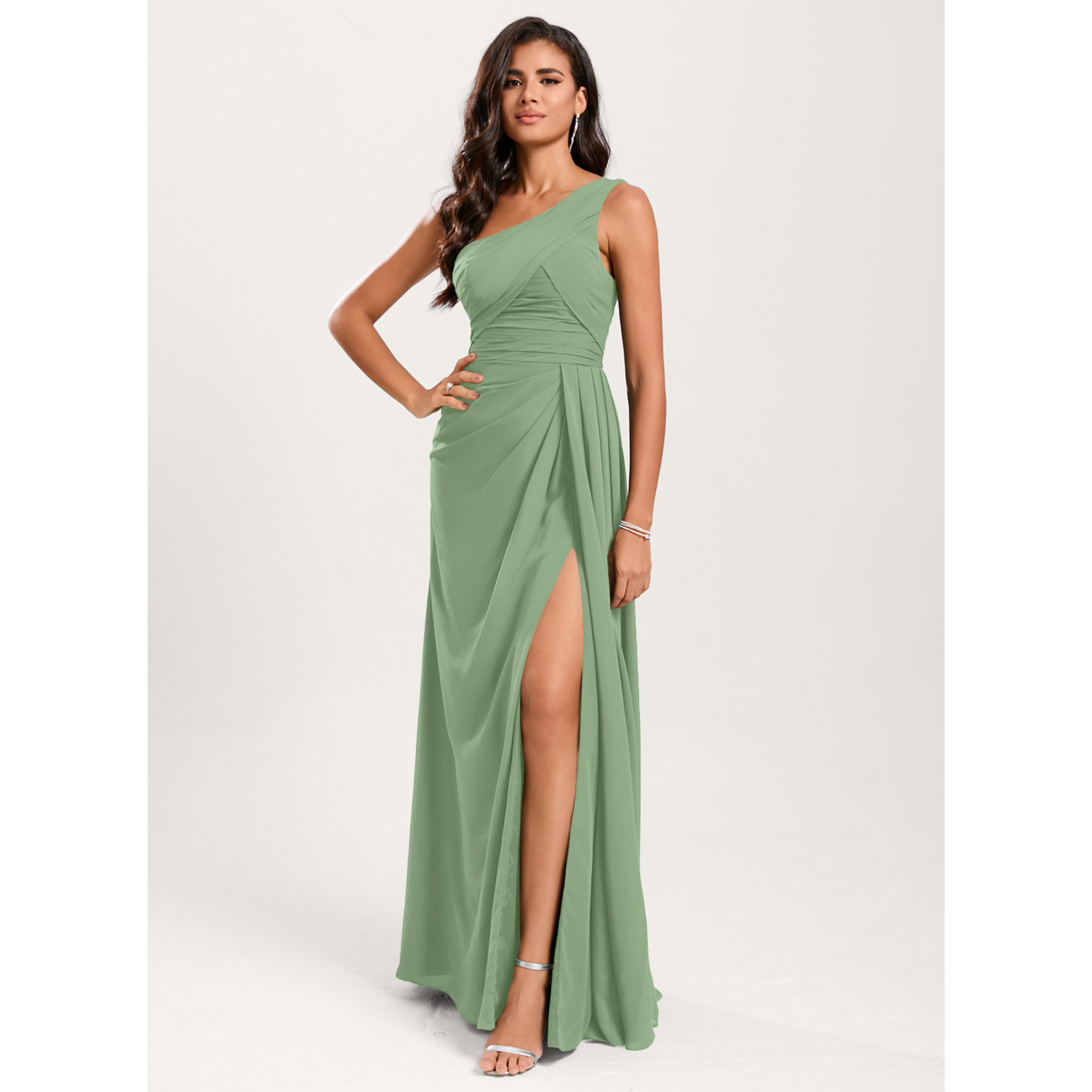 one-shoulder georgette cascade bridesmaid dress JJ's House A-line One Shoulder Floor-Length Chiffon 2026 With Ruffle Emerald Backless Formal Dresses country cinched at the waist Color:Dusty Mint