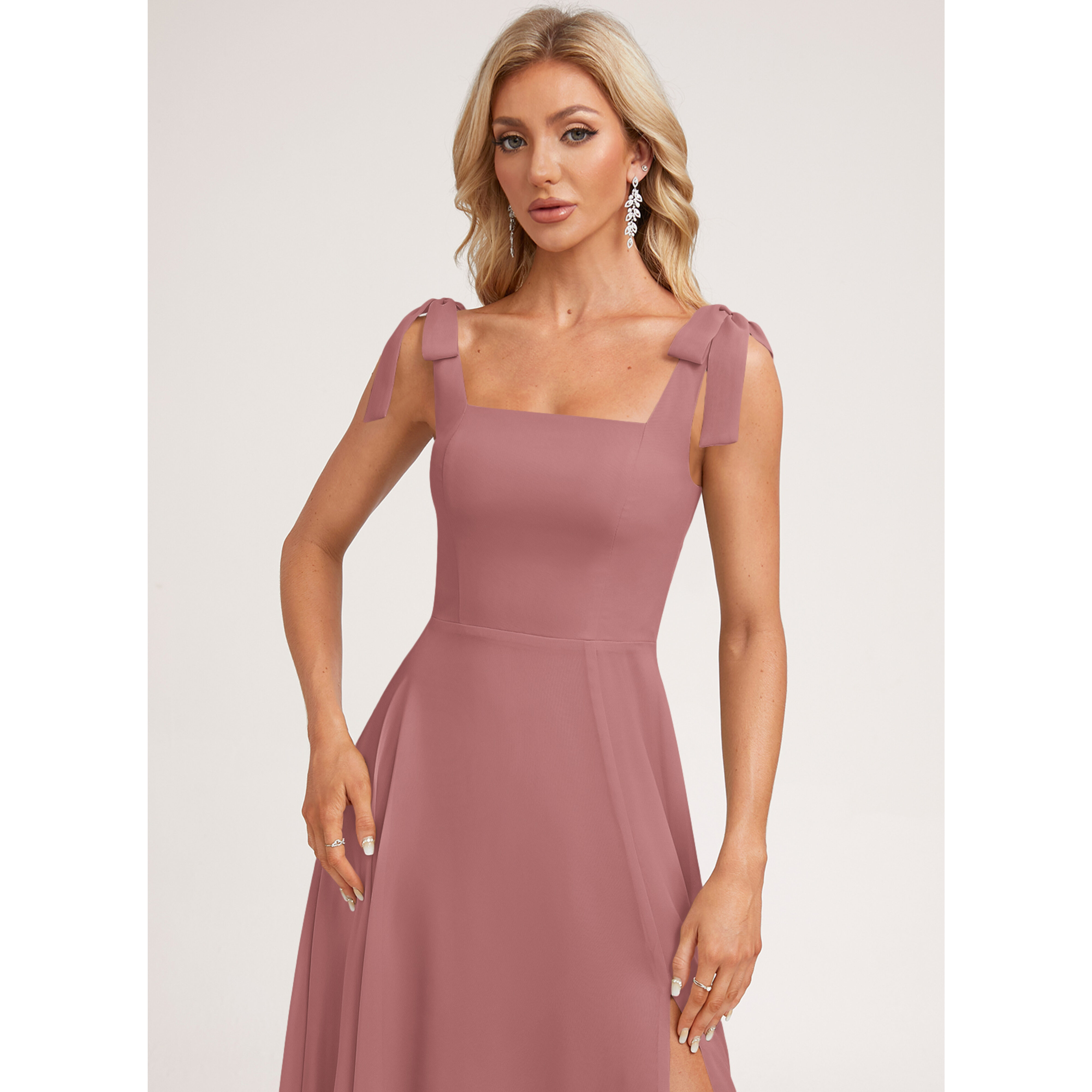 JJ's House A-line Square Floor-Length Chiffon Bridesmaid Dress 2026 With Bow - Size: 06, Cinnamon Rose, Red JJ's House A-line Square Floor-Length Chiffon Bridesmaid Dress 2026 With Bow - Size: 06, Cinnamon Rose, Red