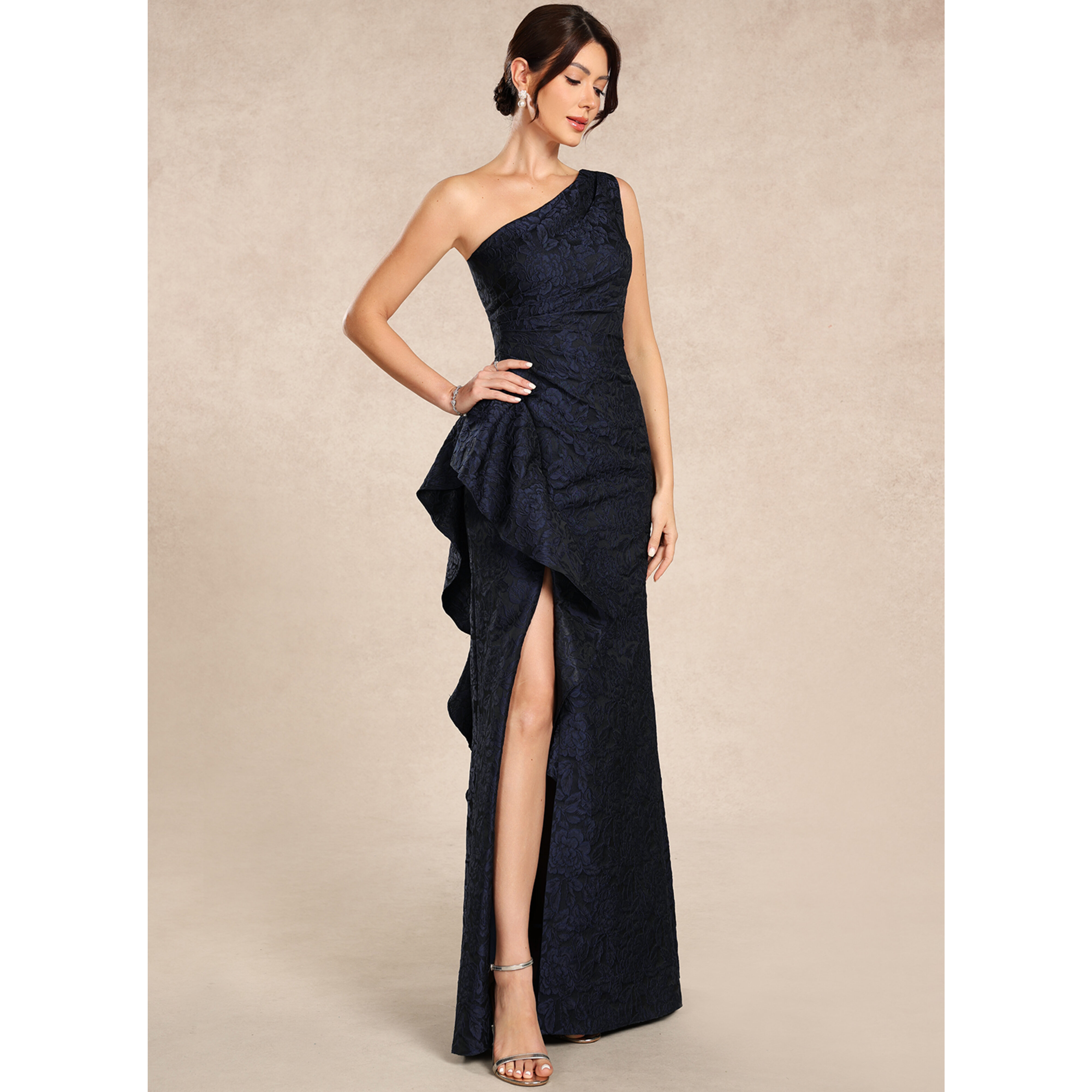 Moxie A-line One Shoulder Pleated Jacquard Mother of the Bride