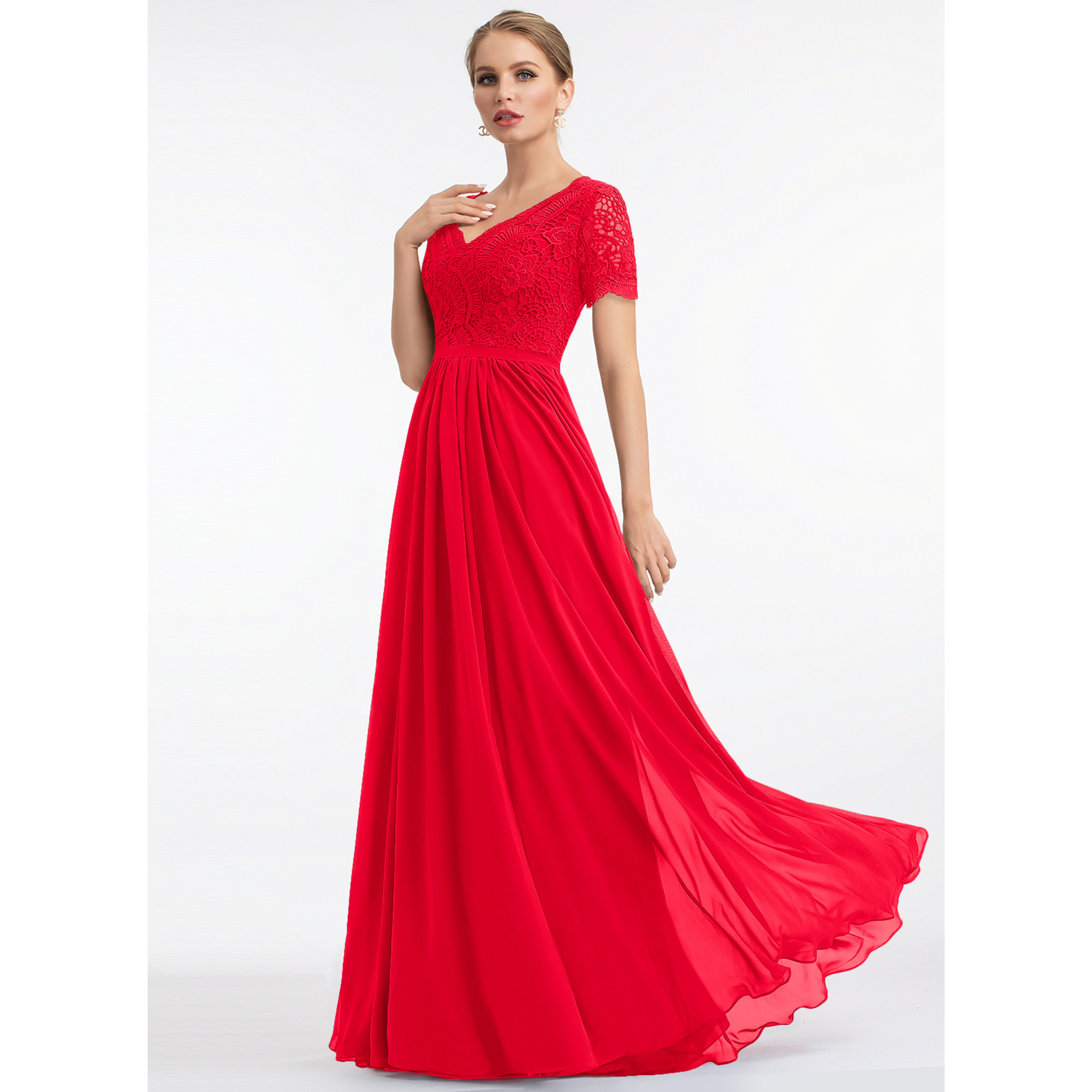 jjshouse lace bridesmaid dress A-Line/Princess V-neck Knee-Length Chiffon Lace Bridesmaid Dress (007153321) - Bridesmaid Dresses