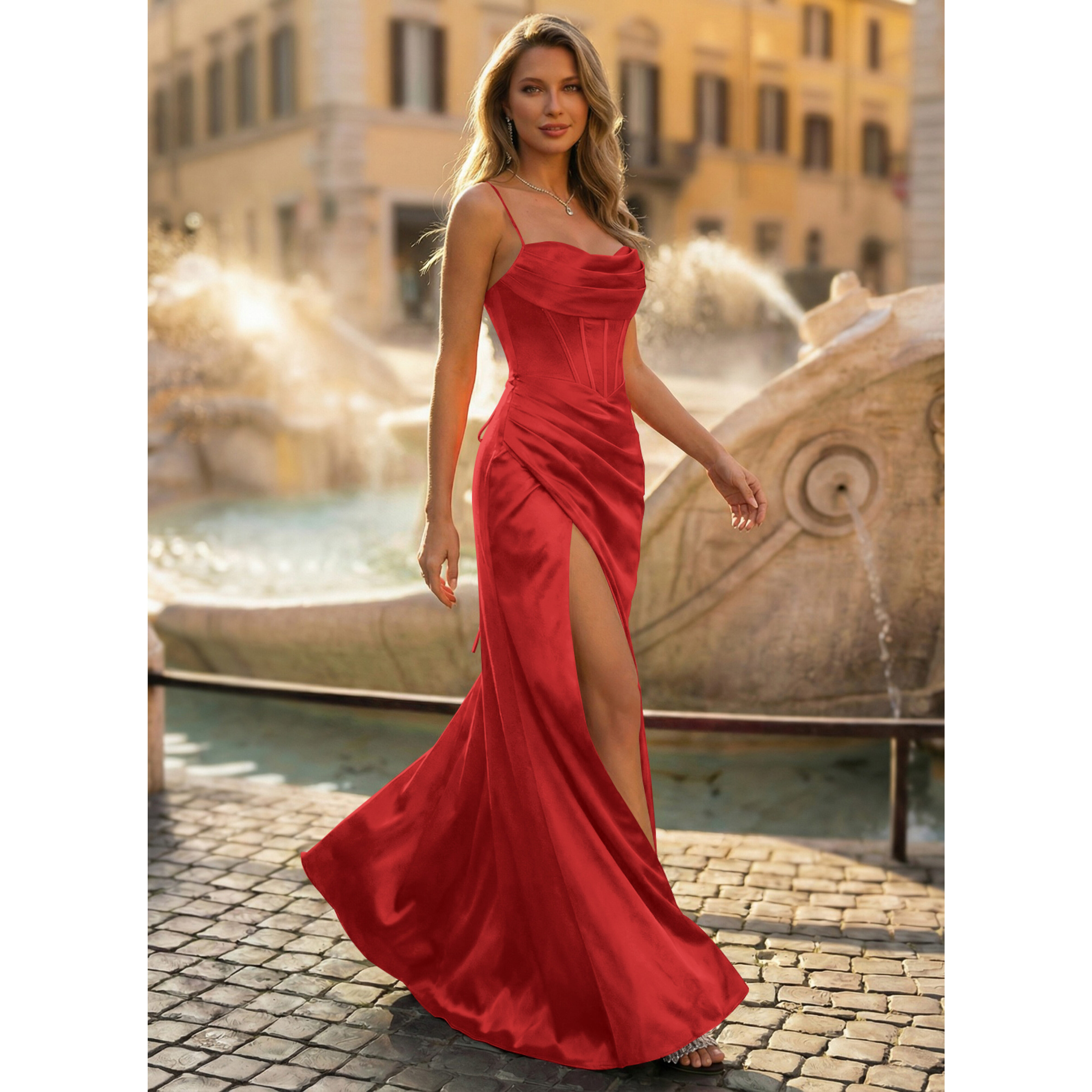 Ramila Sheath/Column Sweetheart Pleated Stretch Satin Prom Dress