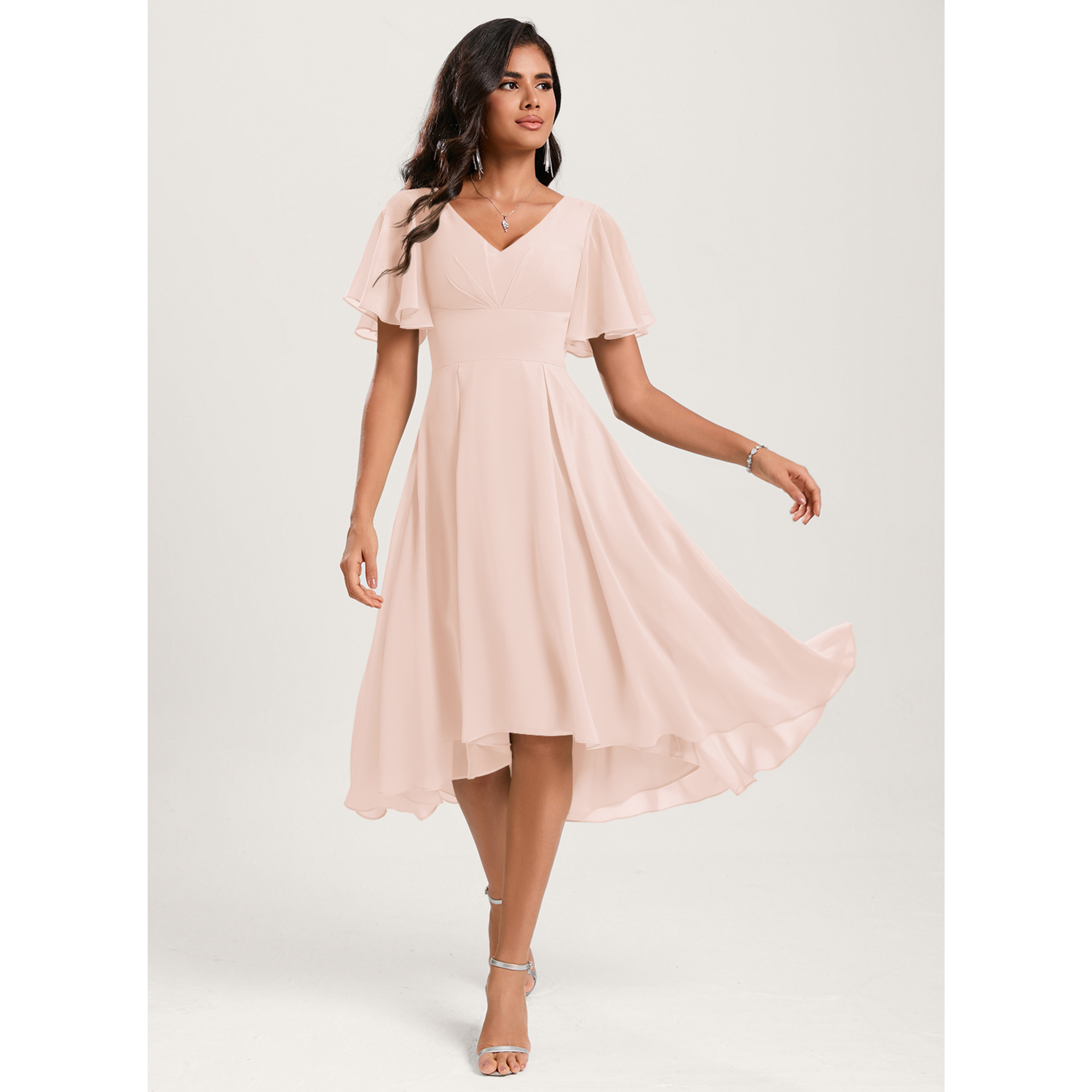 JJ's House A-line V-Neck Asymmetrical Chiffon Bridesmaid Dress 2025 With Ruffle - Size: 00, Dusk, Purple