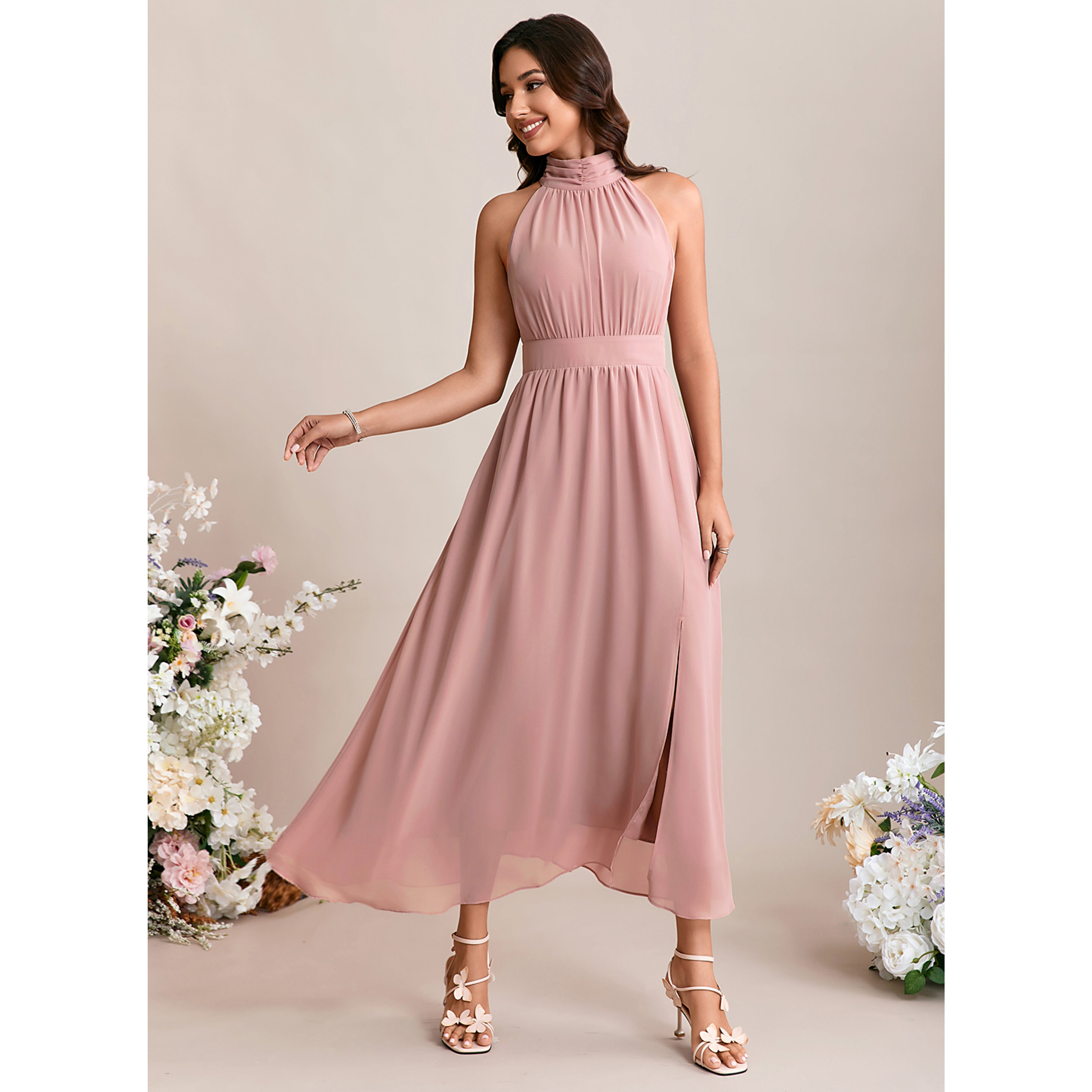 Janelis Halter Floral Print Chiffon Midi Cocktail Dress | JJ's House