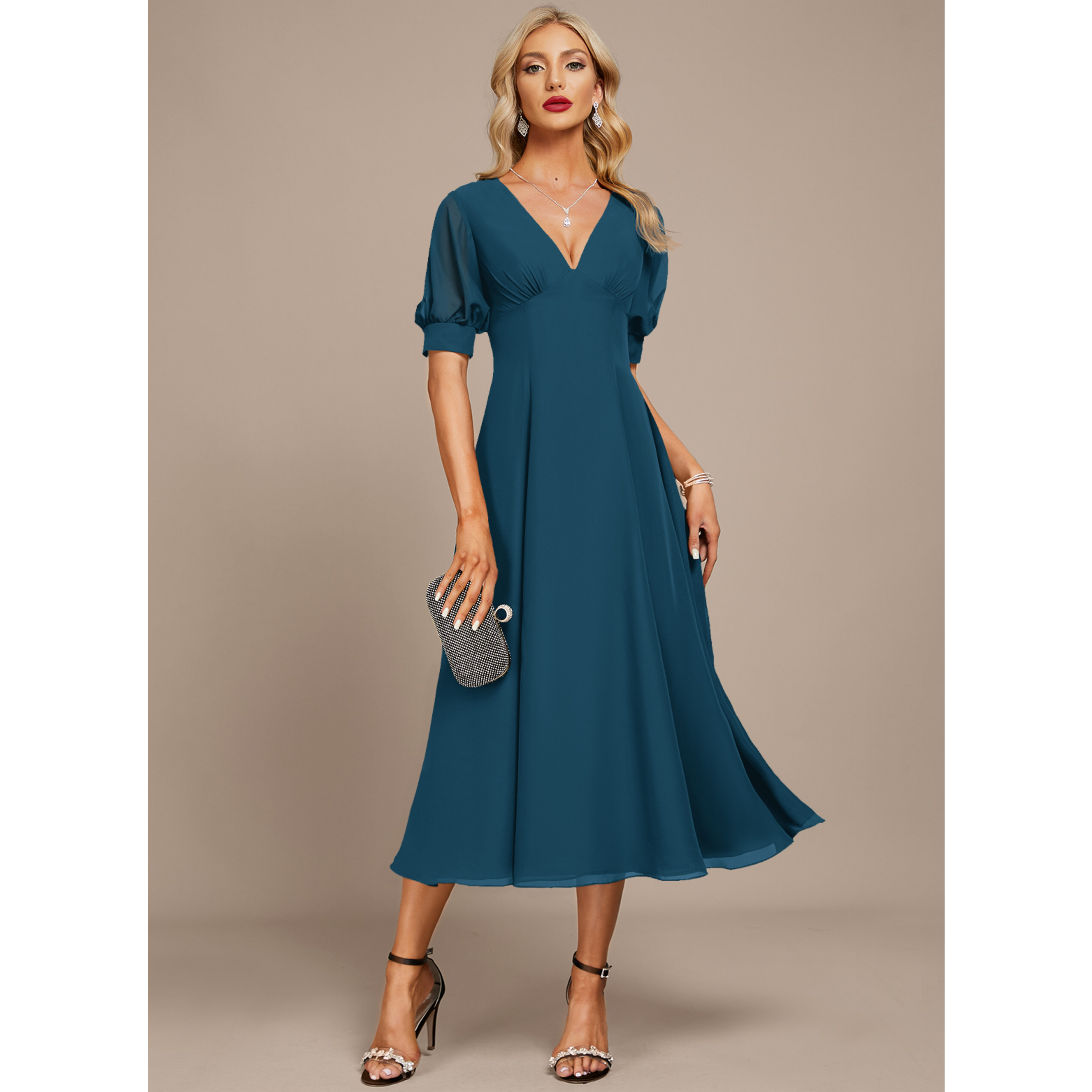 Wioletta Pleated Chiffon Midi Evening Dress | JJ's House