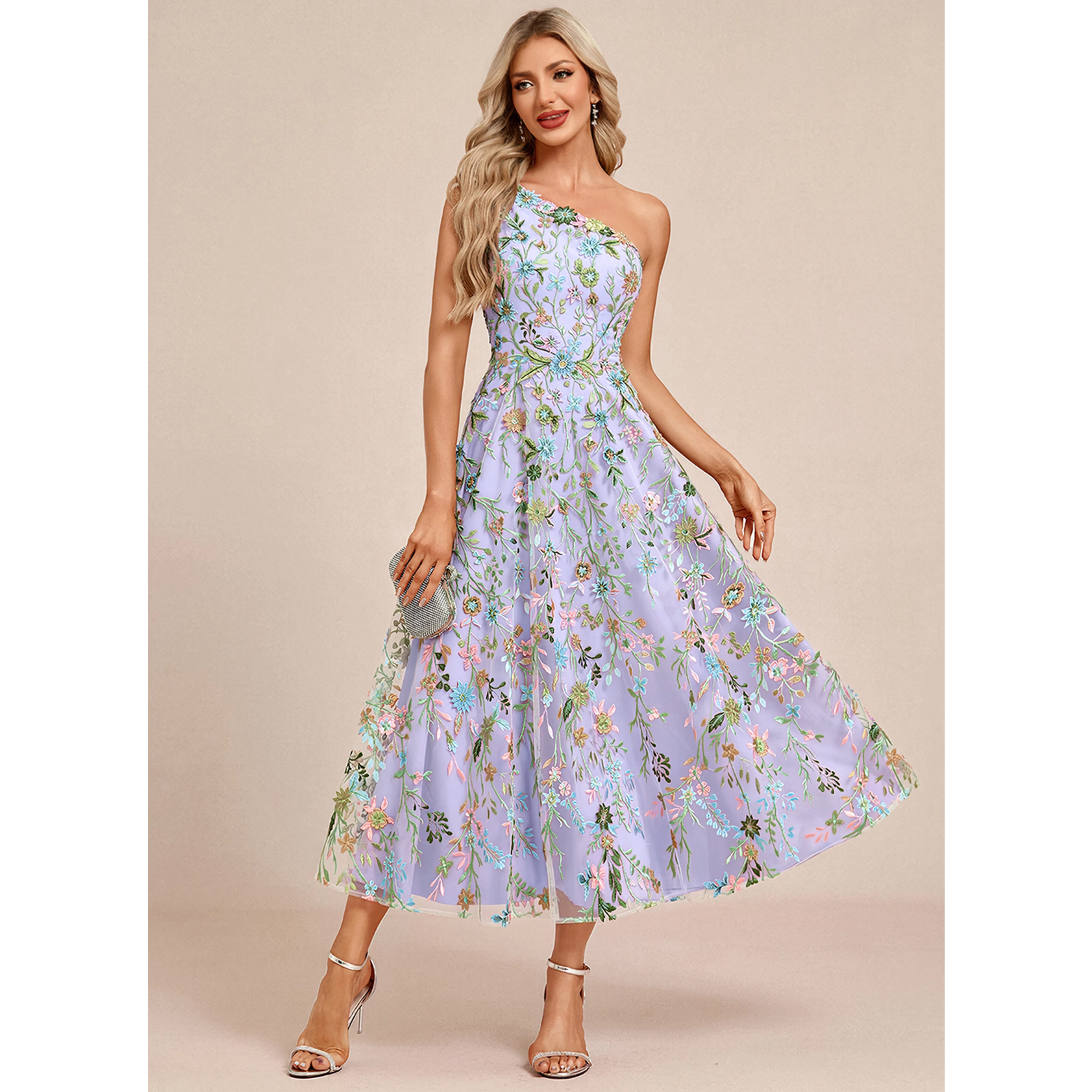 Fiorae One Shoulder 3D Floral Lace Midi Cocktail Dress | JJ's House