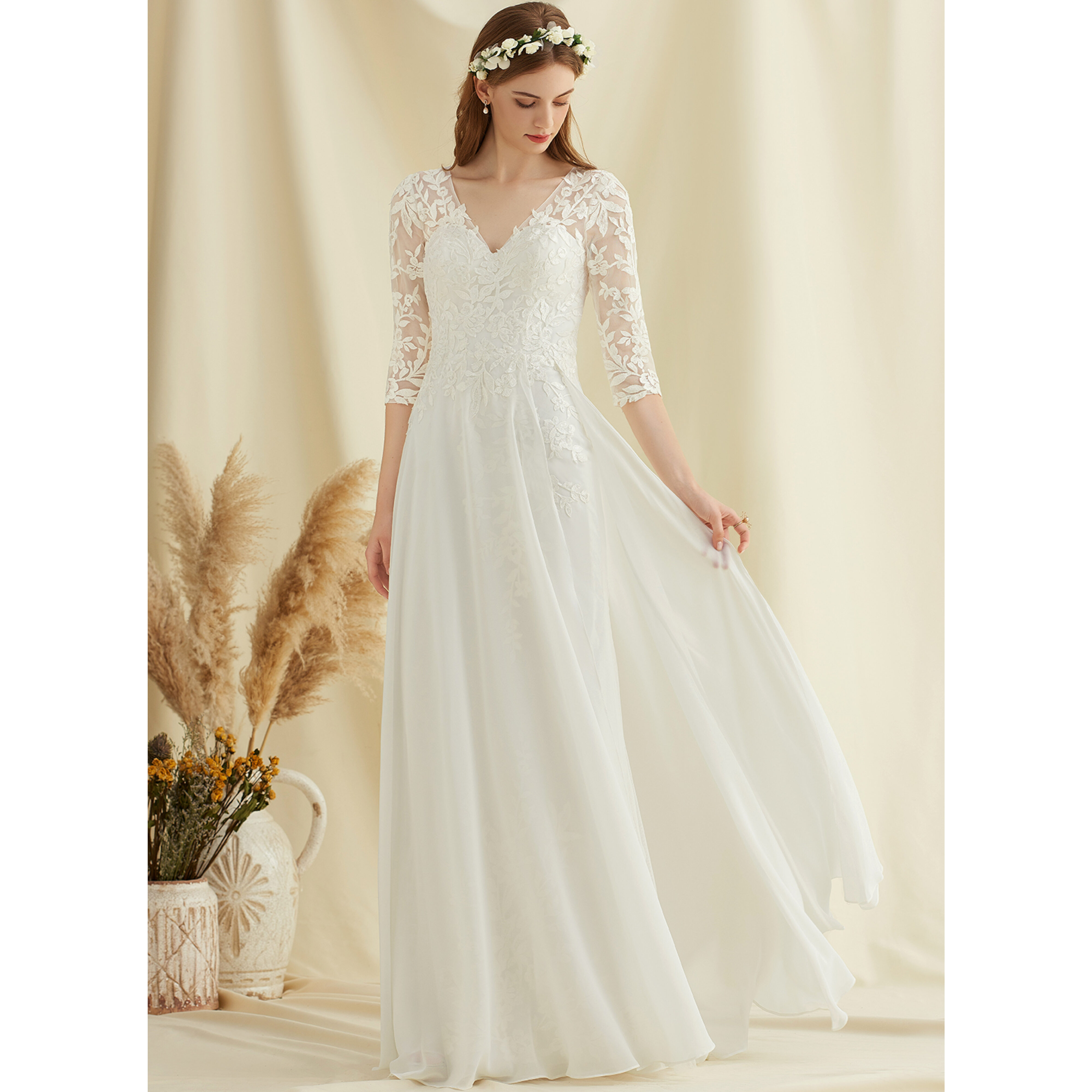 JJ's House A-line V-Neck Floor-Length Chiffon Lace Wedding Dress 2026 - Size: 06, Ivory, White