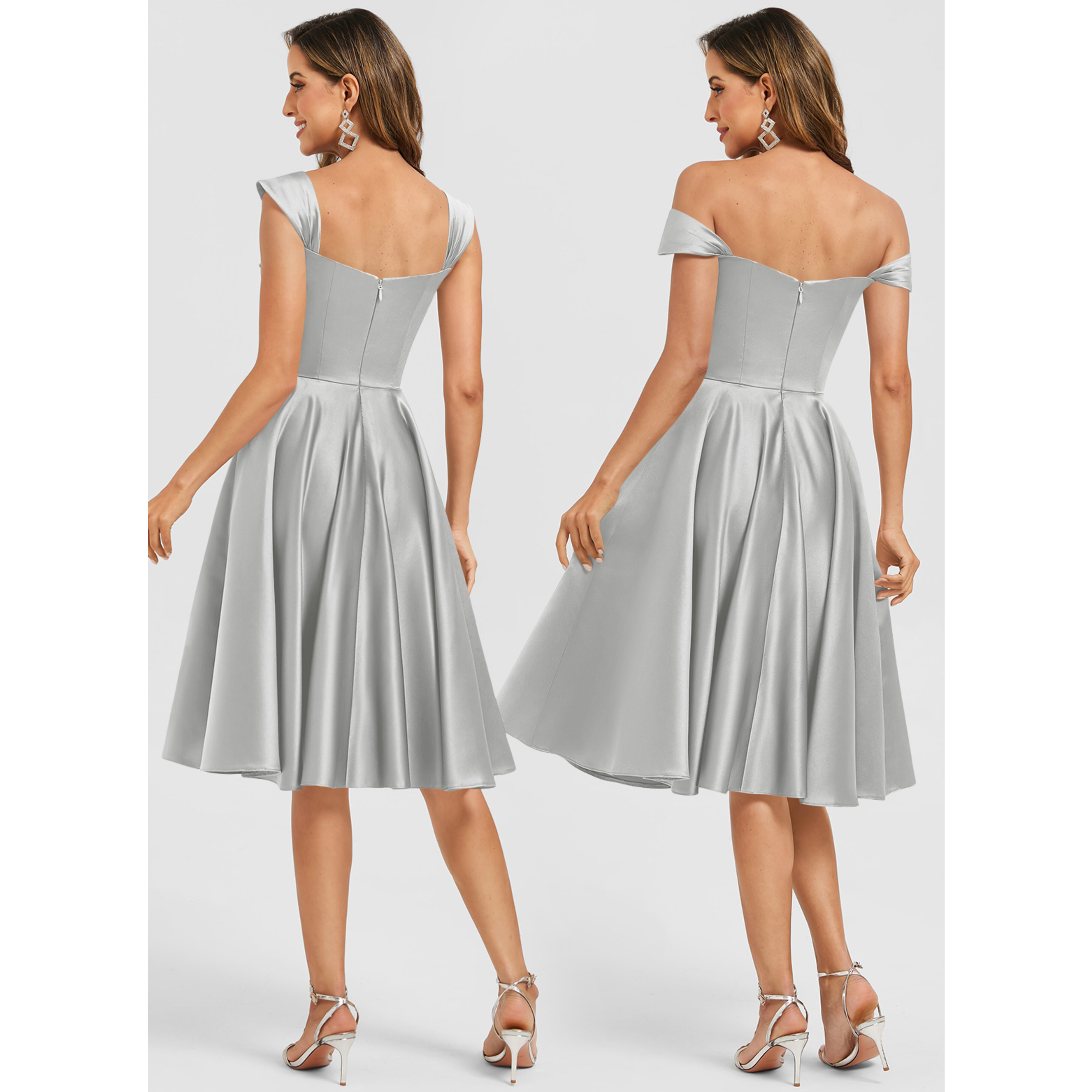 JJs Houseグレーシルバー オフショルダー フォーマルドレス Zalena Off the Shoulder Pleated Satin Midi Cocktail Dress | JJ's House