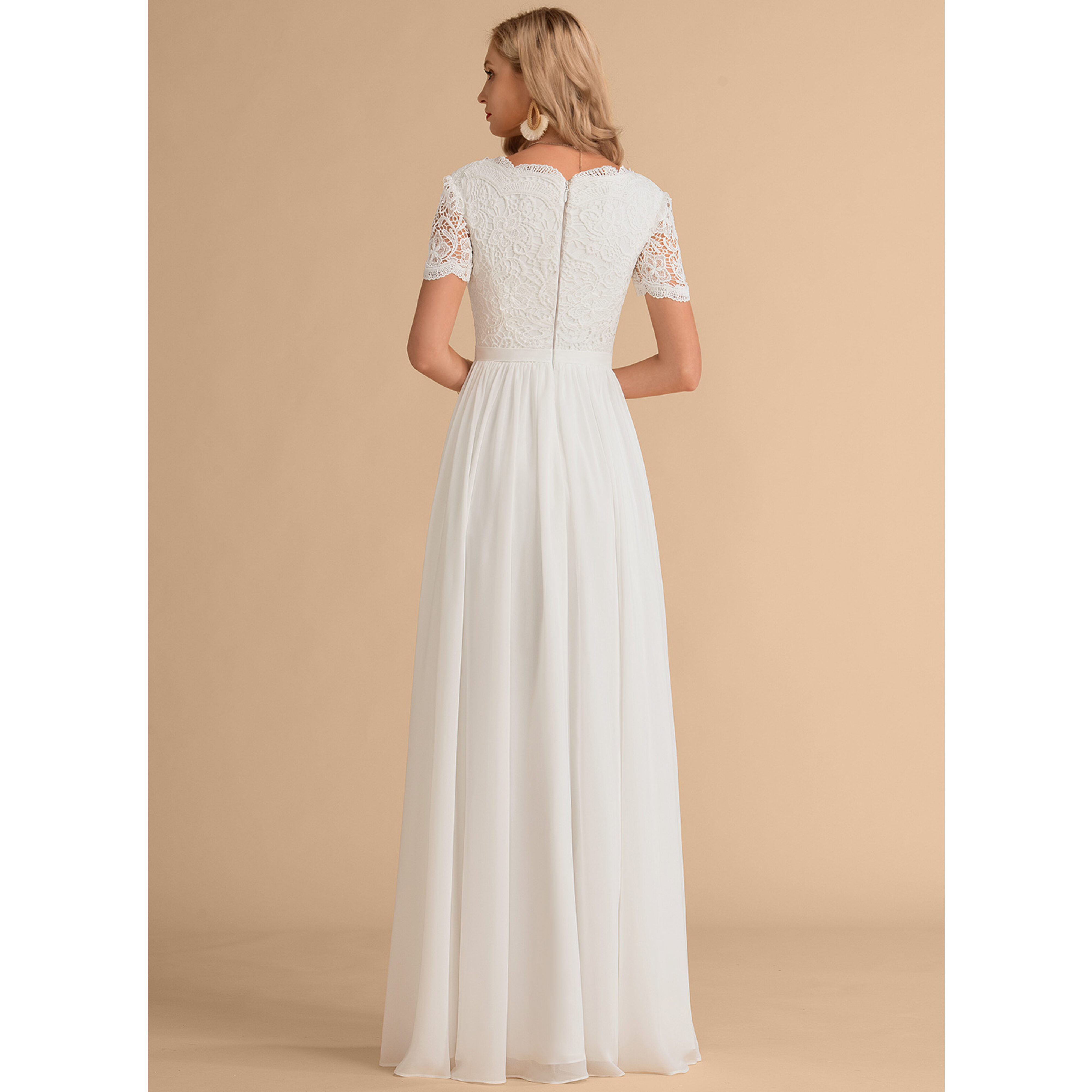 JJ's House A-line V-Neck Floor-Length Chiffon Lace Wedding Dress 2026 - Size: 06, Ivory, White