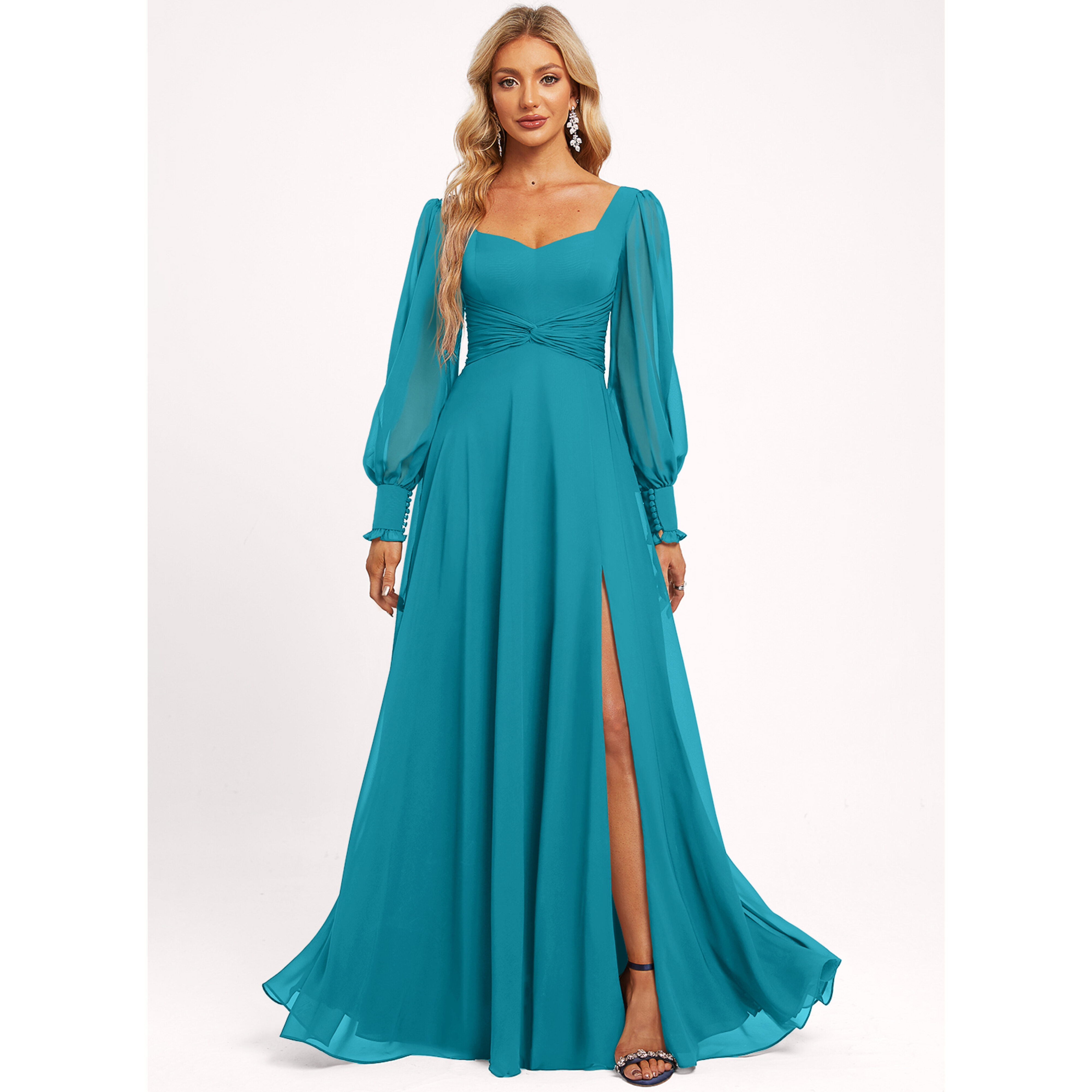 teal long sleeve bridesmaid dresses Modest Dark Teal Chiffon Long Sleeve Bridesmaid Dress