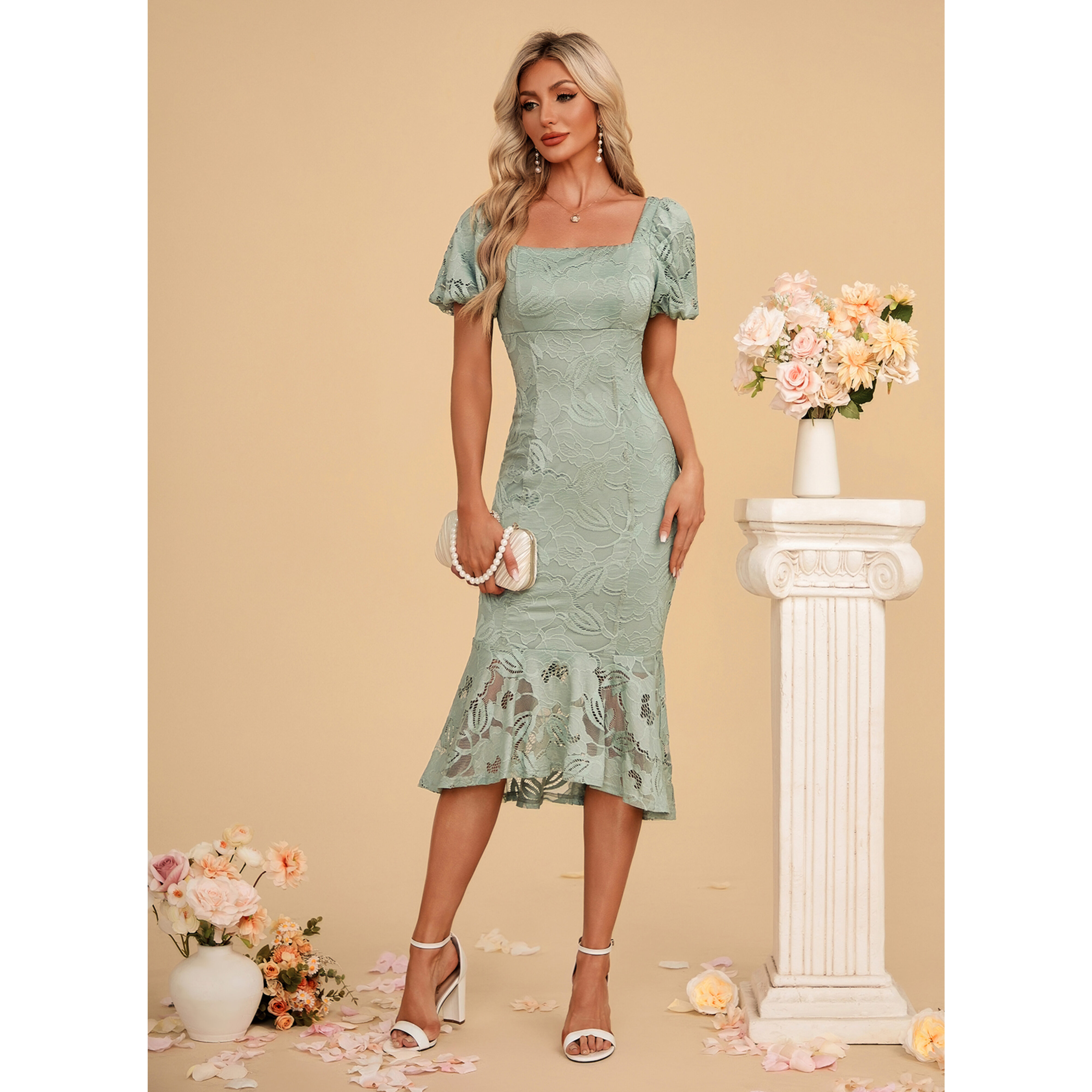 JJ's House Trumpet Mermaid Square Tea-Length Lace Cocktail Dress 2026 - Size: S, Celadon, Green JJ's House Trumpet Mermaid Square Tea-Length Lace Cocktail Dress 2026 - Size: S, Celadon, Green