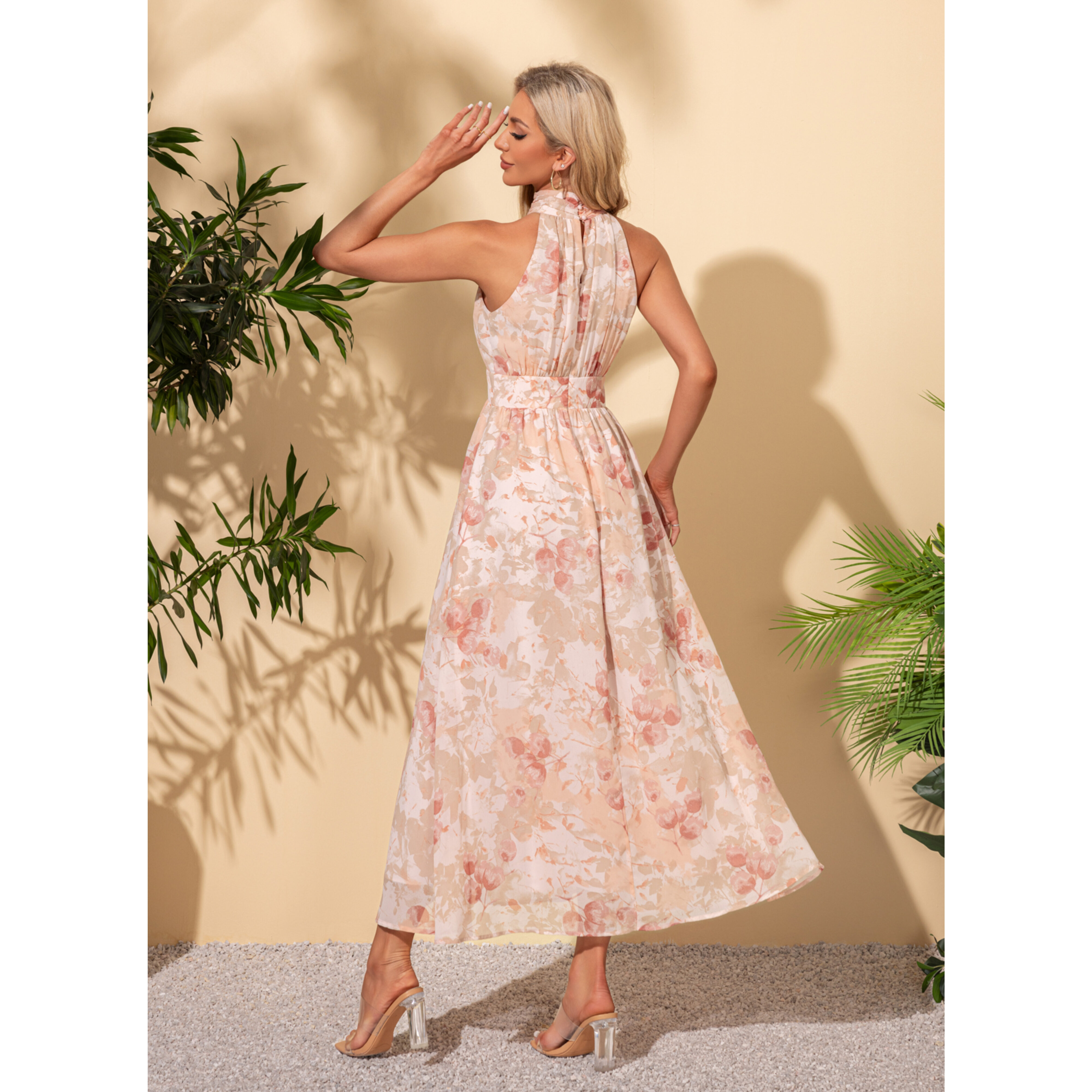 Janelis Halter Floral Print Chiffon Midi Cocktail Dress | JJ's House