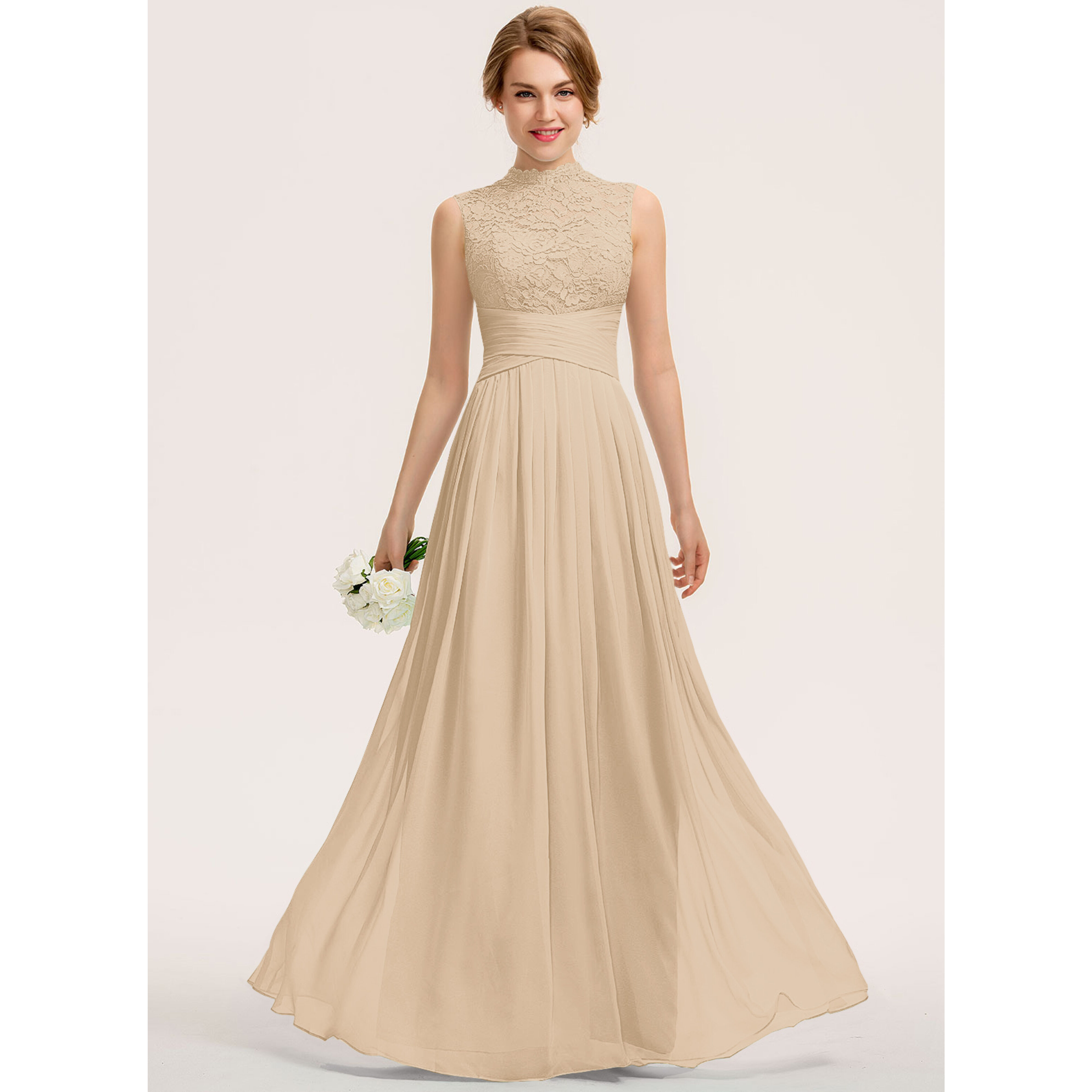 lace high neck bridesmaid dress B223010 Two-Piece Lace Turtleneck Top with Poly Chiffon Dress and Elastic Waistband