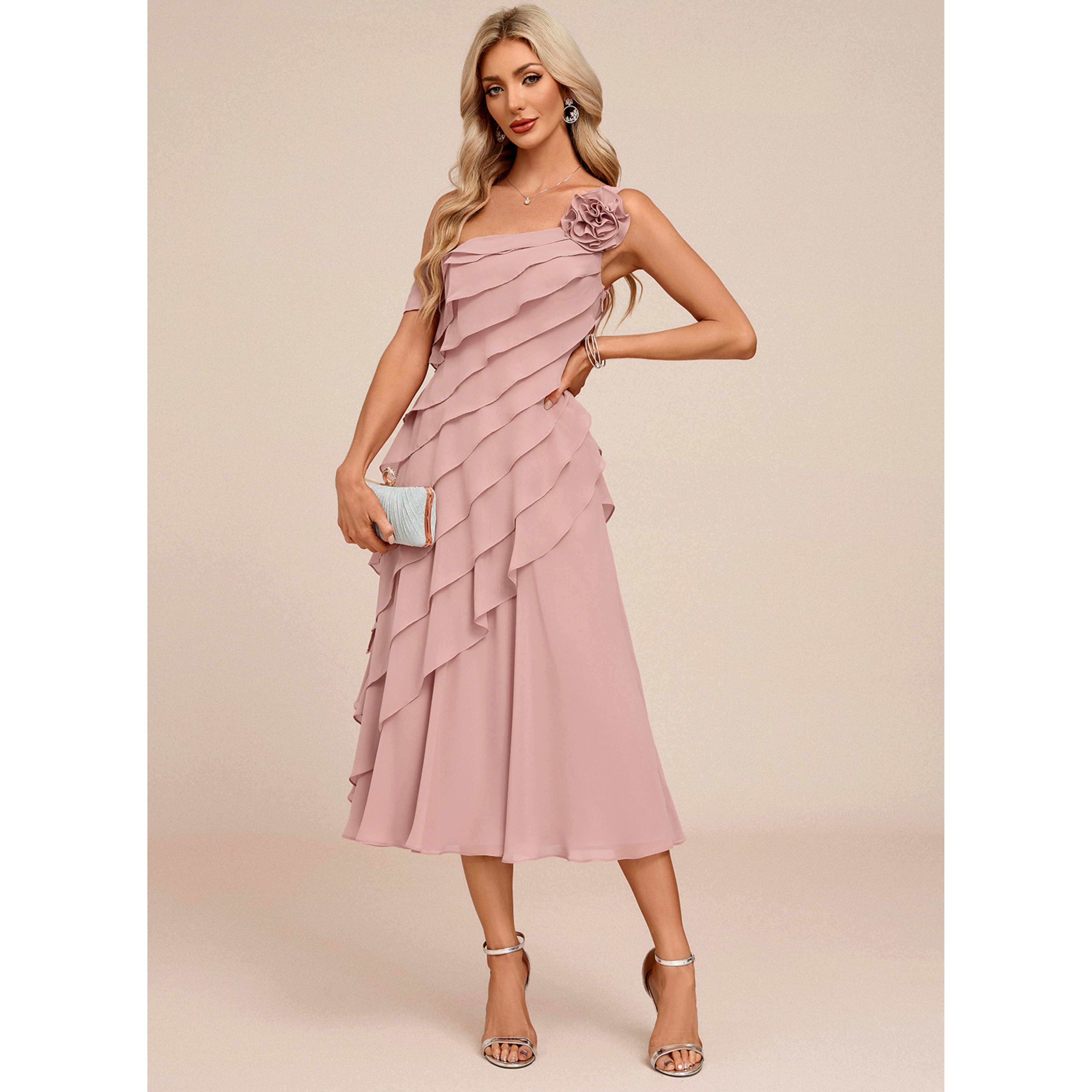 Janthe One Shoulder Cascading Ruffles Chiffon Midi Cocktail Dress