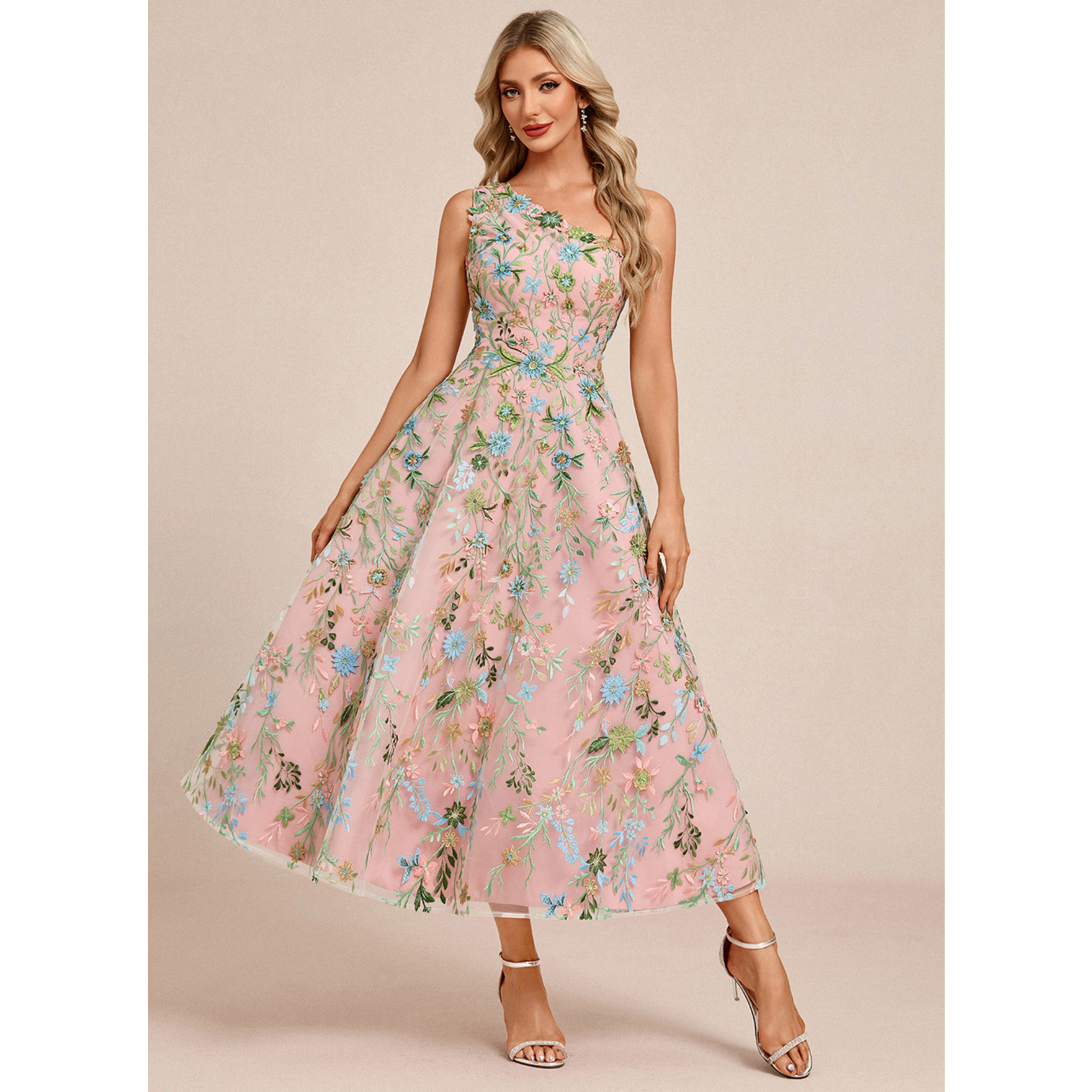 Fiorae One Shoulder 3D Floral Lace Midi Cocktail Dress | JJ's House