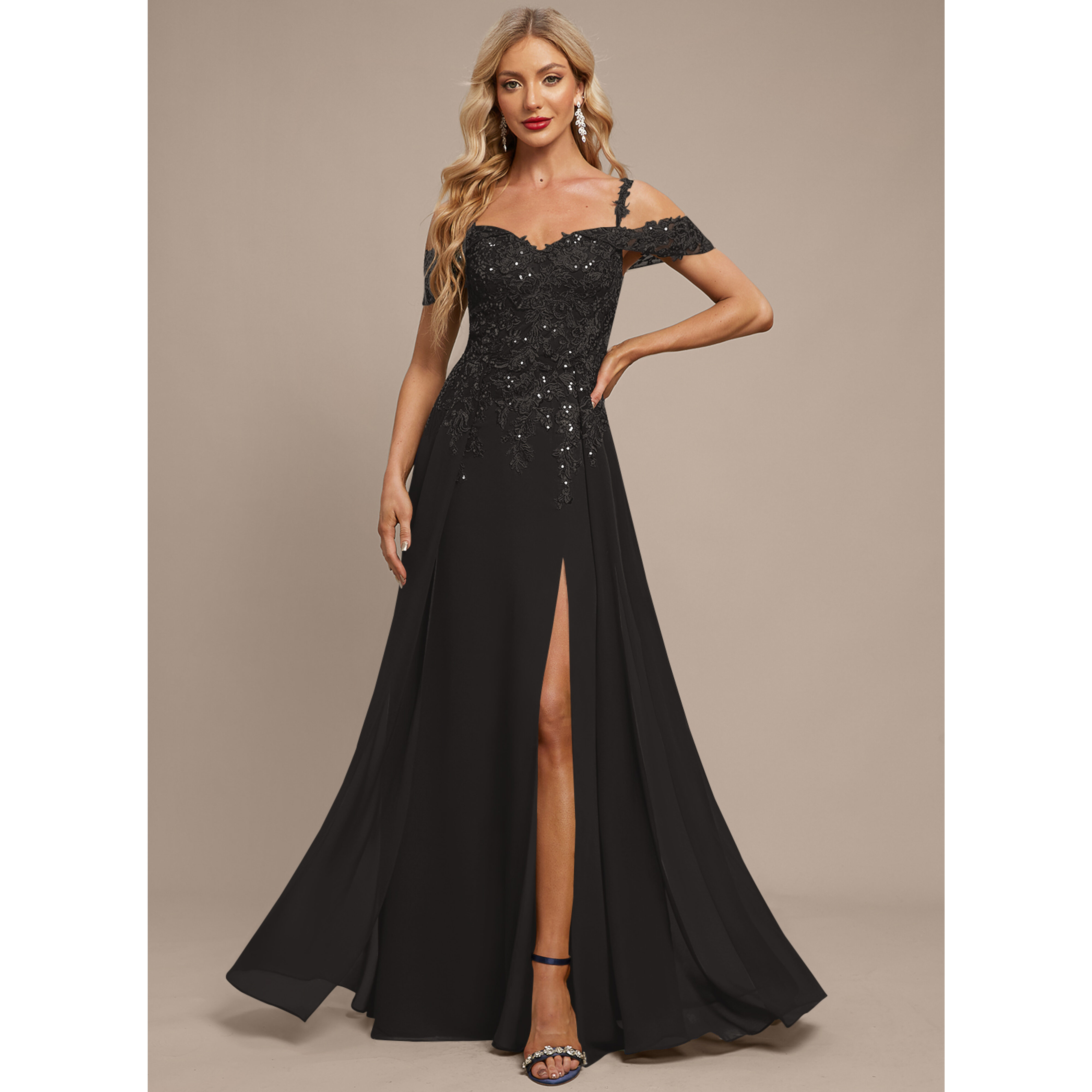 Hesperis Cold Shoulder Overskirt Chiffon Maxi Evening Dress | JJ's