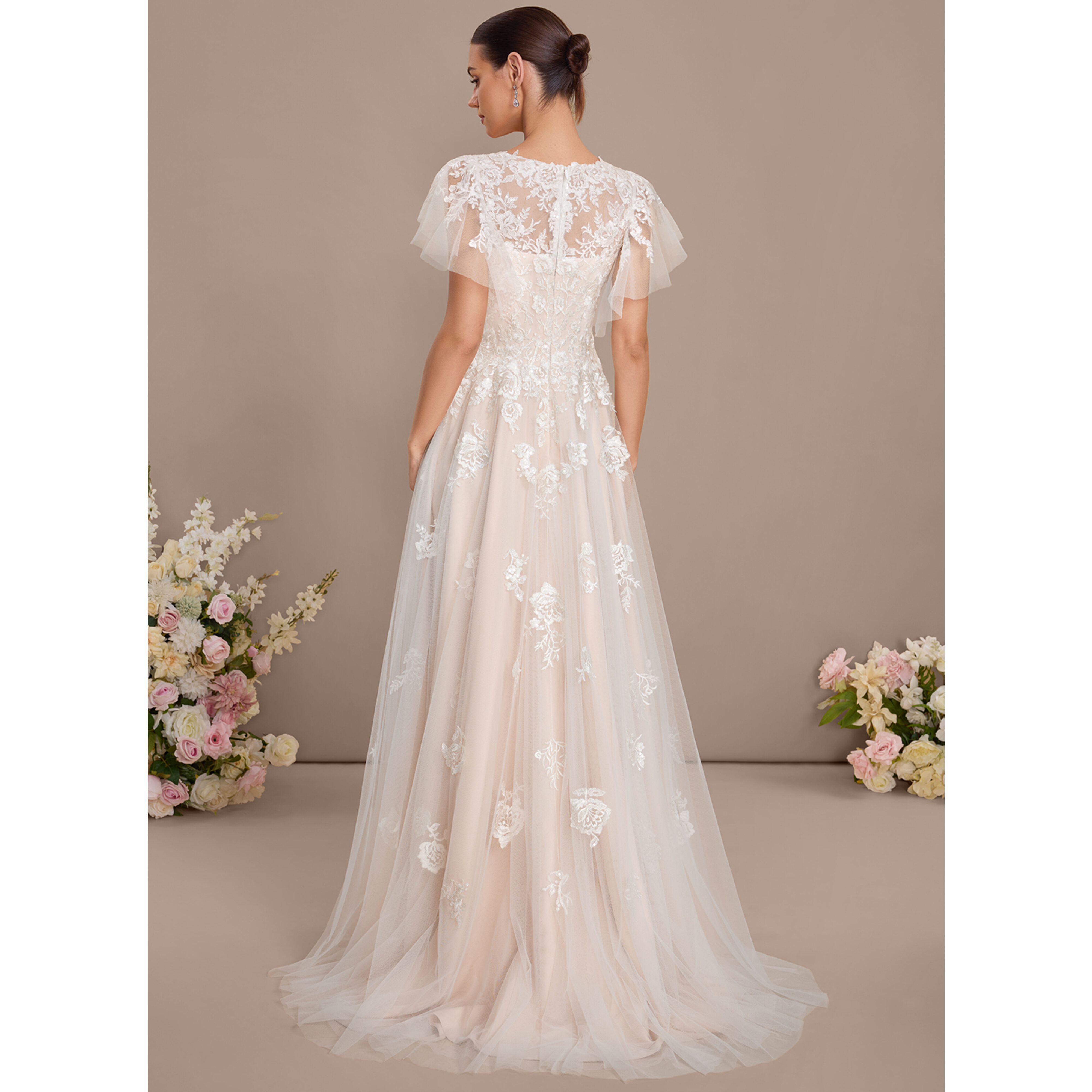 net lace wedding dress F191053 V-neck Lace & English Net Wedding Dress with Beading