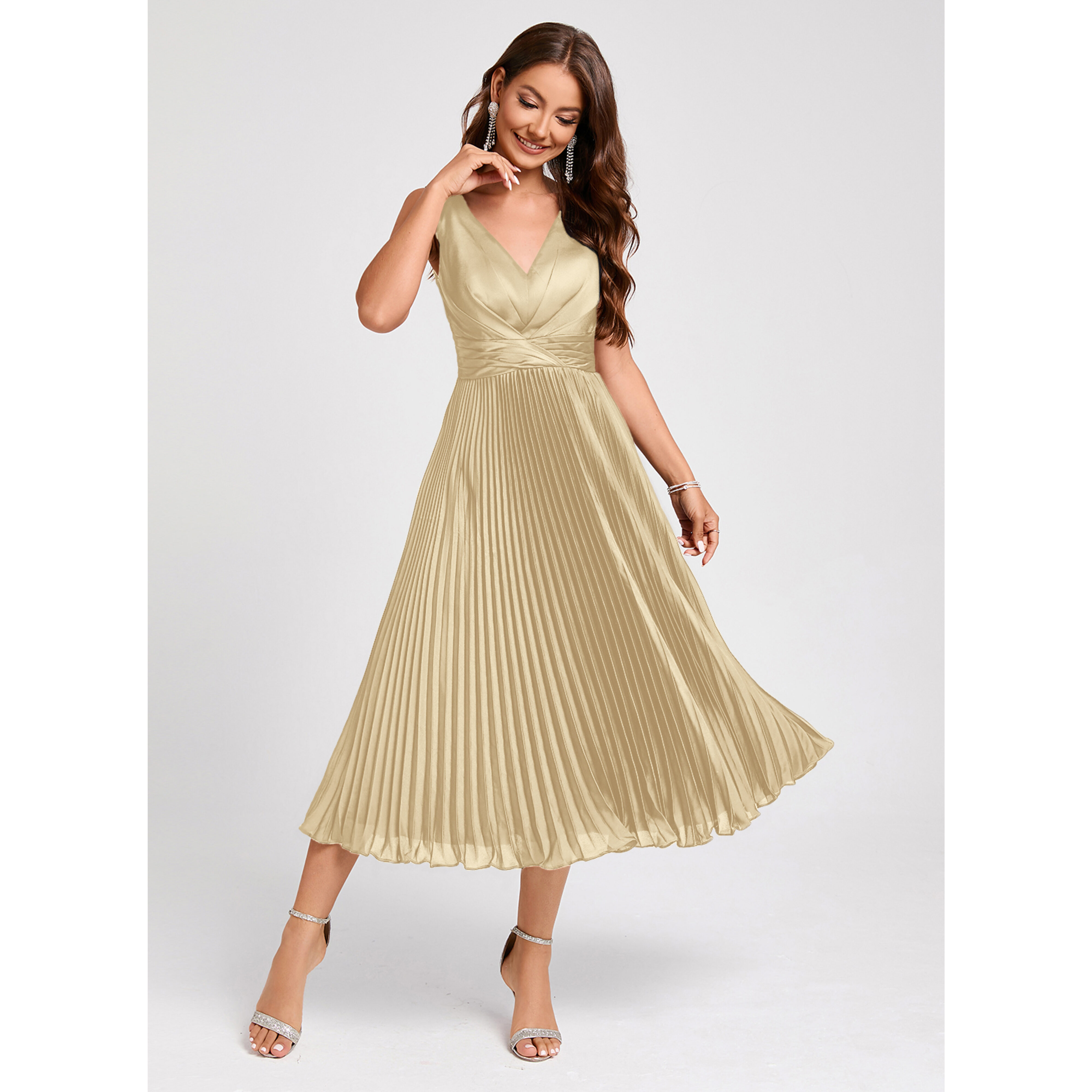 JJ's House A-line V-Neck Tea-Length Stretch Satin Cocktail Dress 2026 With Pleated Ruffle - Size: 06, Champagne, Neutral