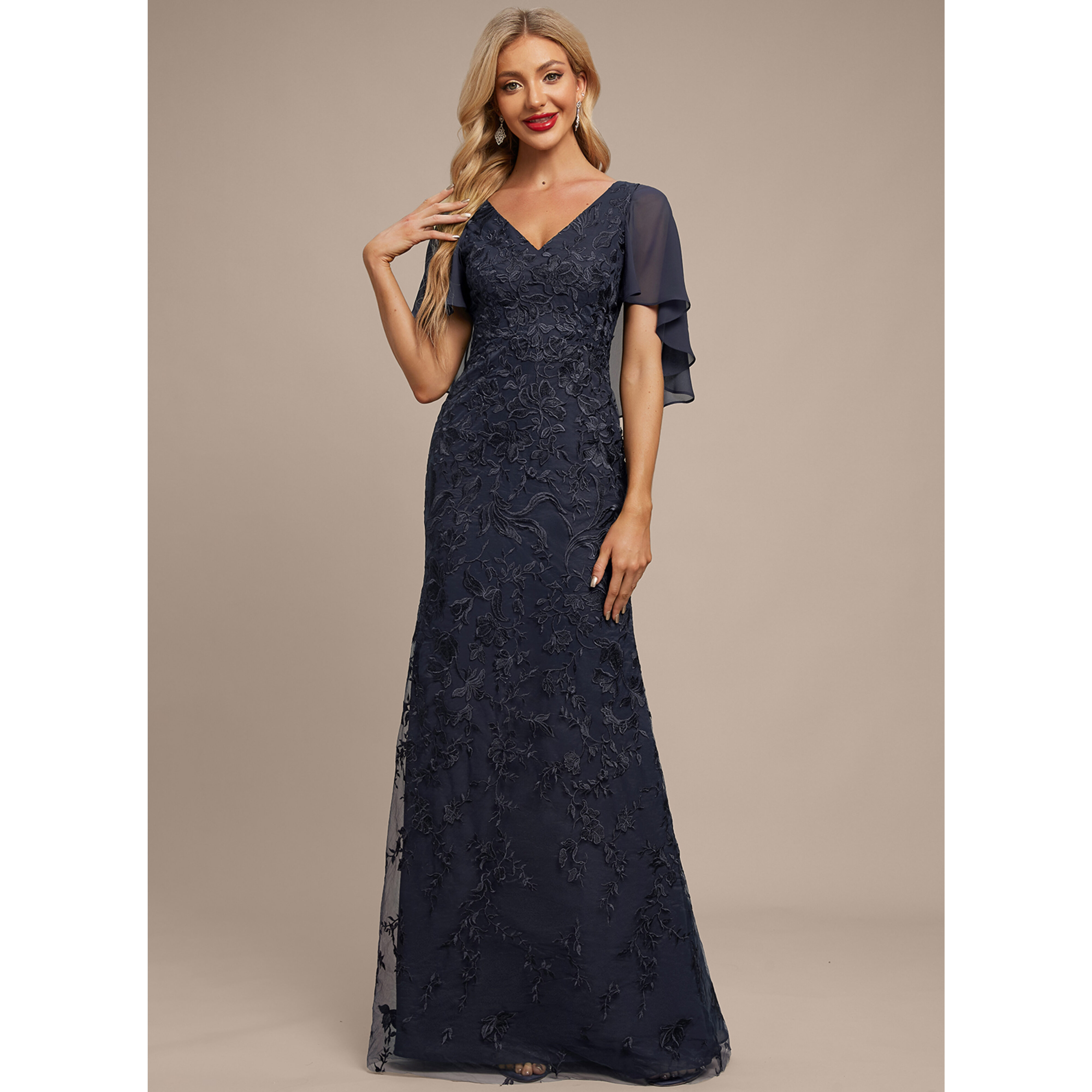 keisha maxi bridesmaid dress product info and reviews JJ's House Sheath Column V-Neck Sweep Train Chiffon Lace Evening 2026 With Cascading Ruffles Cape Blue Brooklyn Dress by FP_Exclude Size:XX- Large Product Details