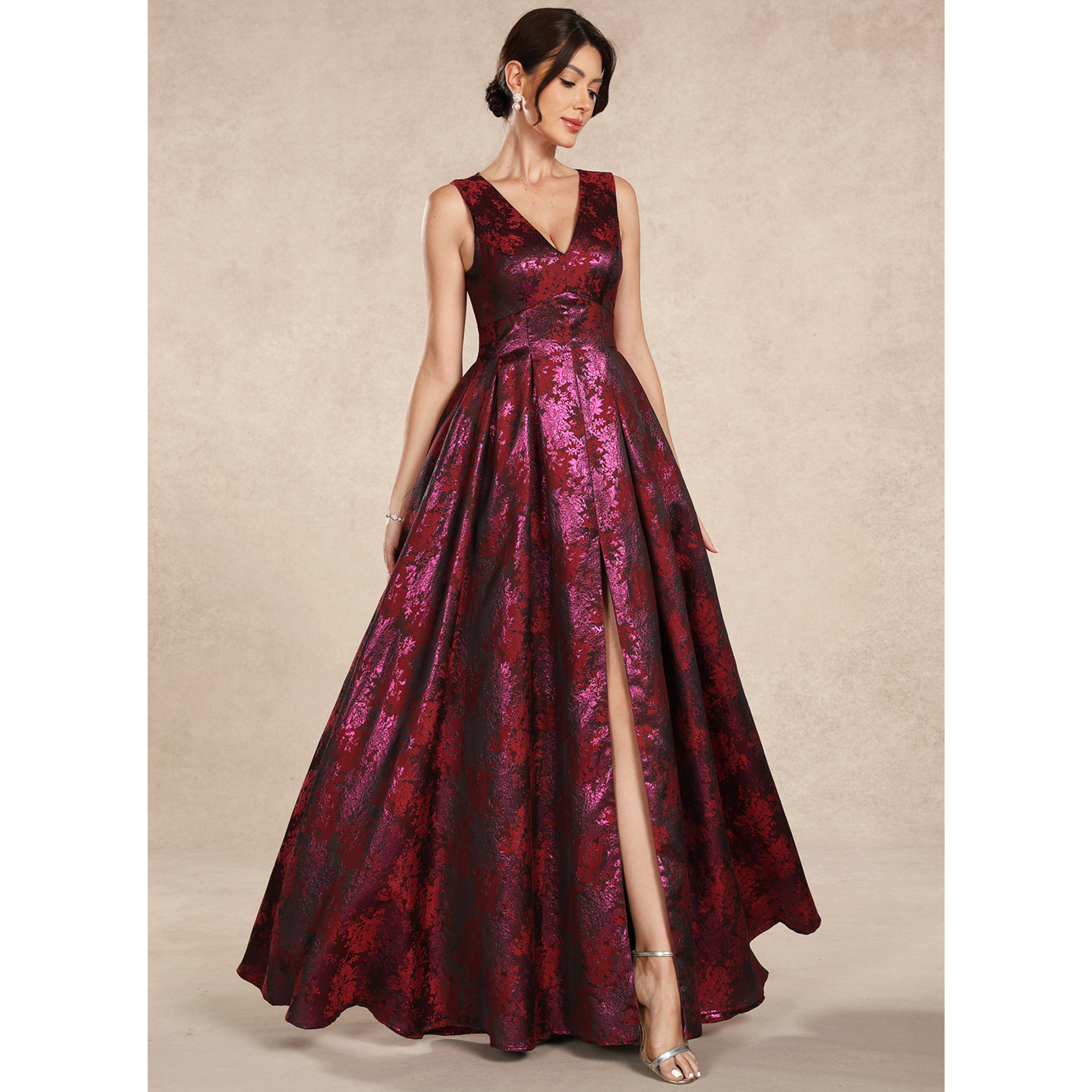 Halo A-line V-Neck Pleated Jacquard Mother of the Bride Dress