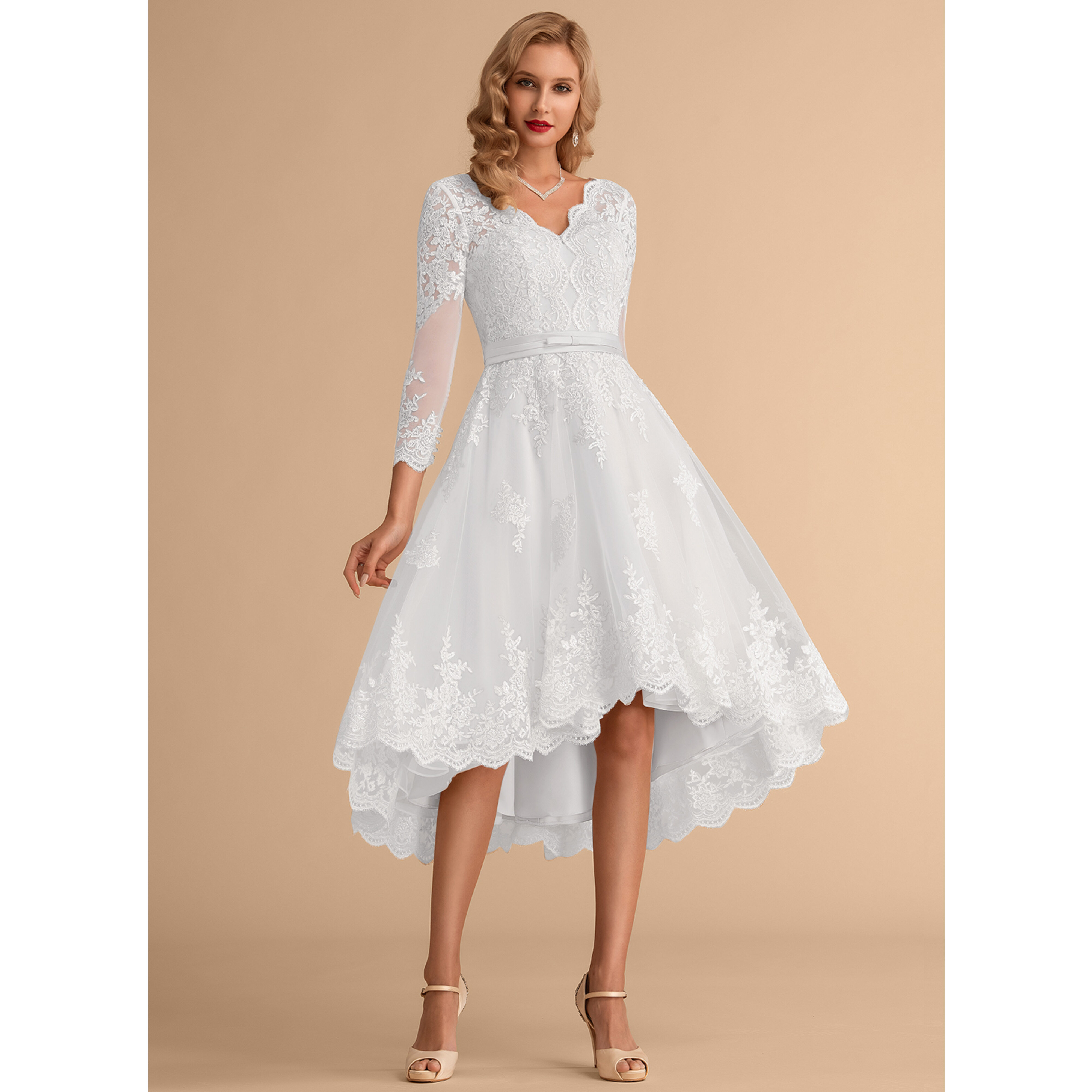 JJ's House A-line V-Neck Asymmetrical Lace Satin Tulle Wedding Dress 2026