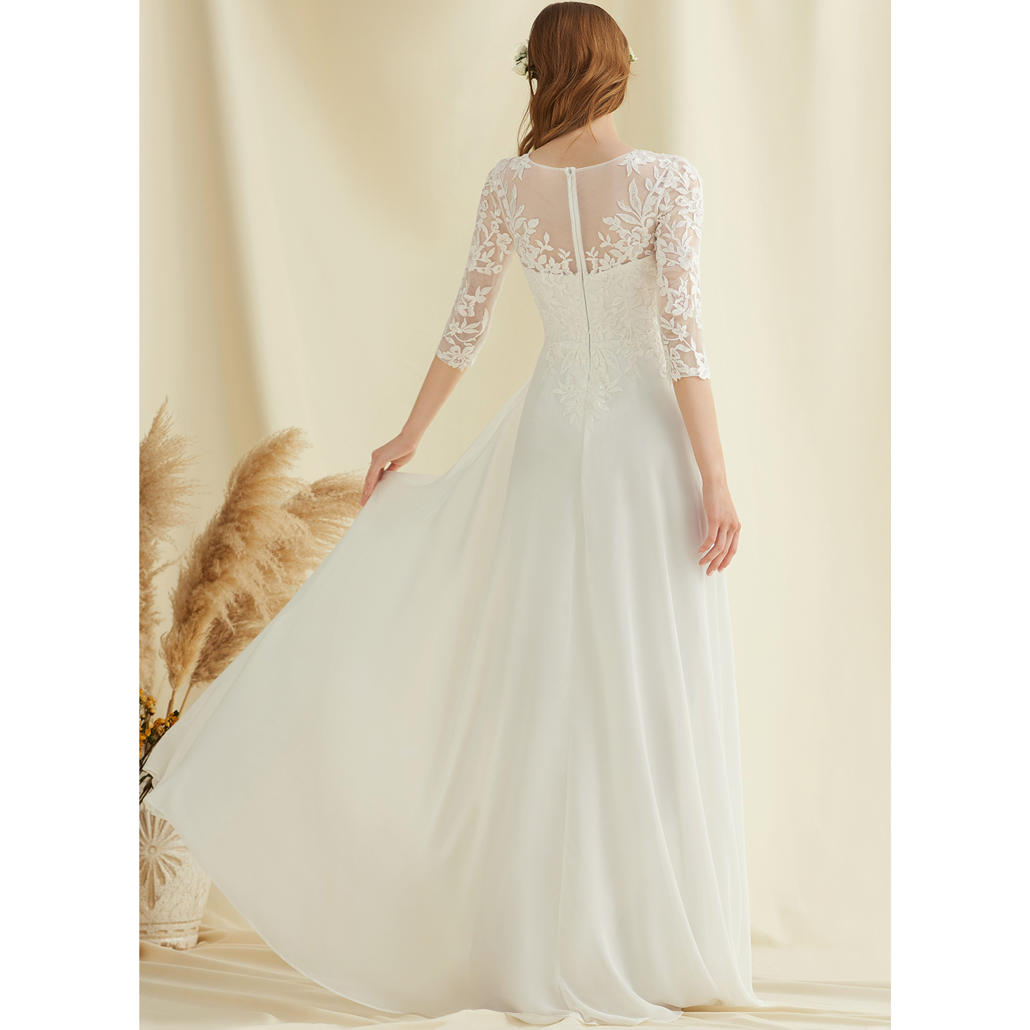 JJ's House A-line V-Neck Floor-Length Chiffon Lace Wedding Dress 2026 - Size: 06, Ivory, White