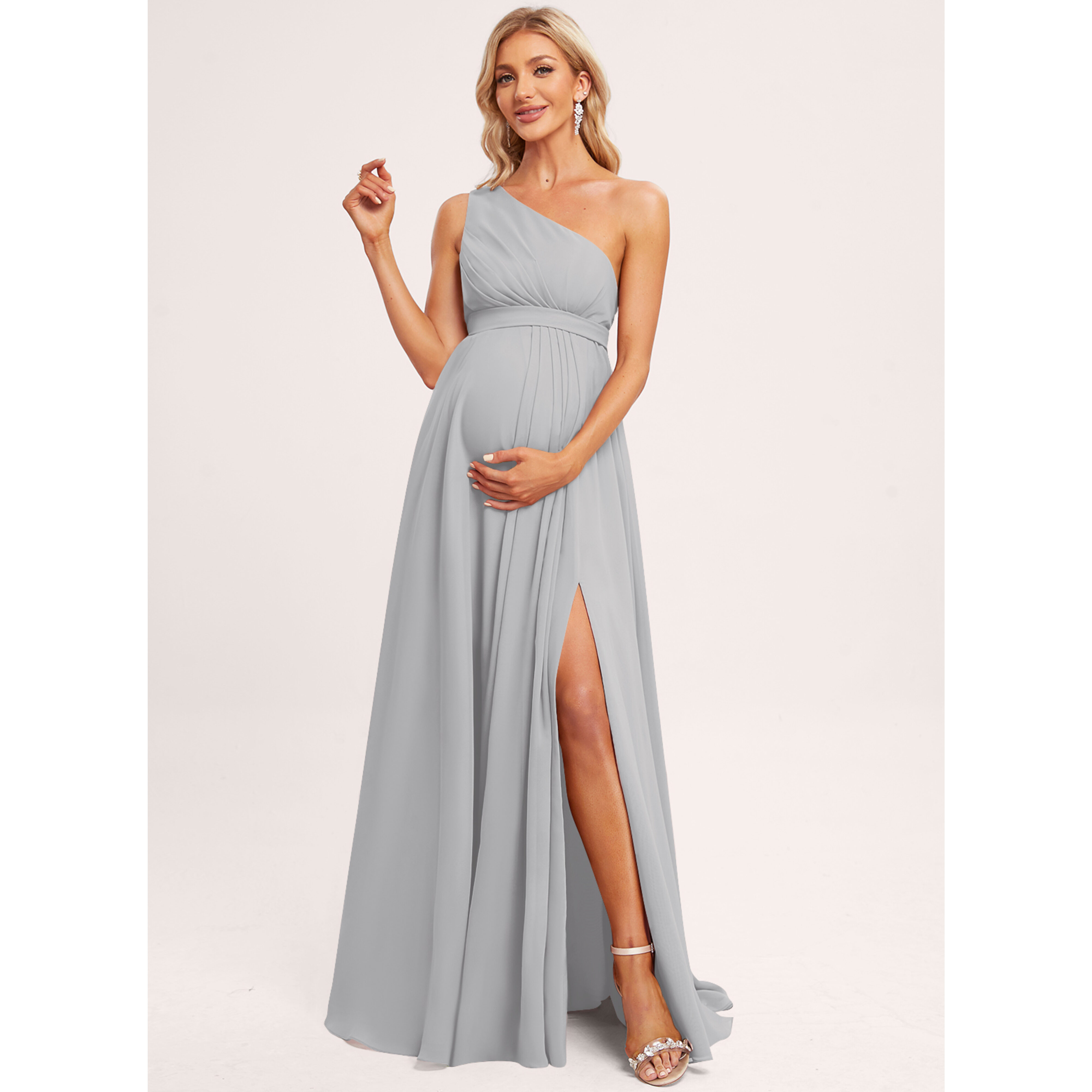 one shoulder maternity dress Elegant One-Shoulder Cape Sleeve Soft Mesh Photoshoot 20W / Picture color this dress features an exaggerated stand Amaryllis | Blush Pink Maternity