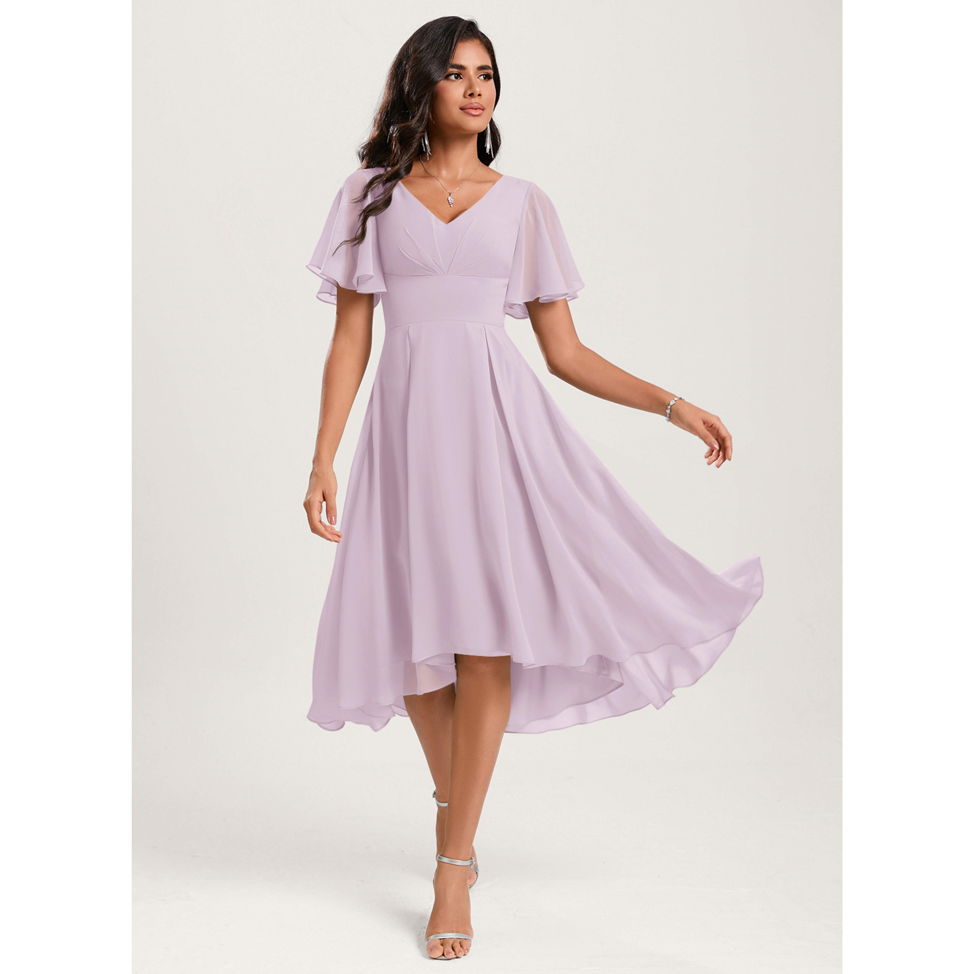 hem bridesmaid dress Embroidered Lace Deep V-Neck A-line Irregular Bridesmaid Dress main image 1