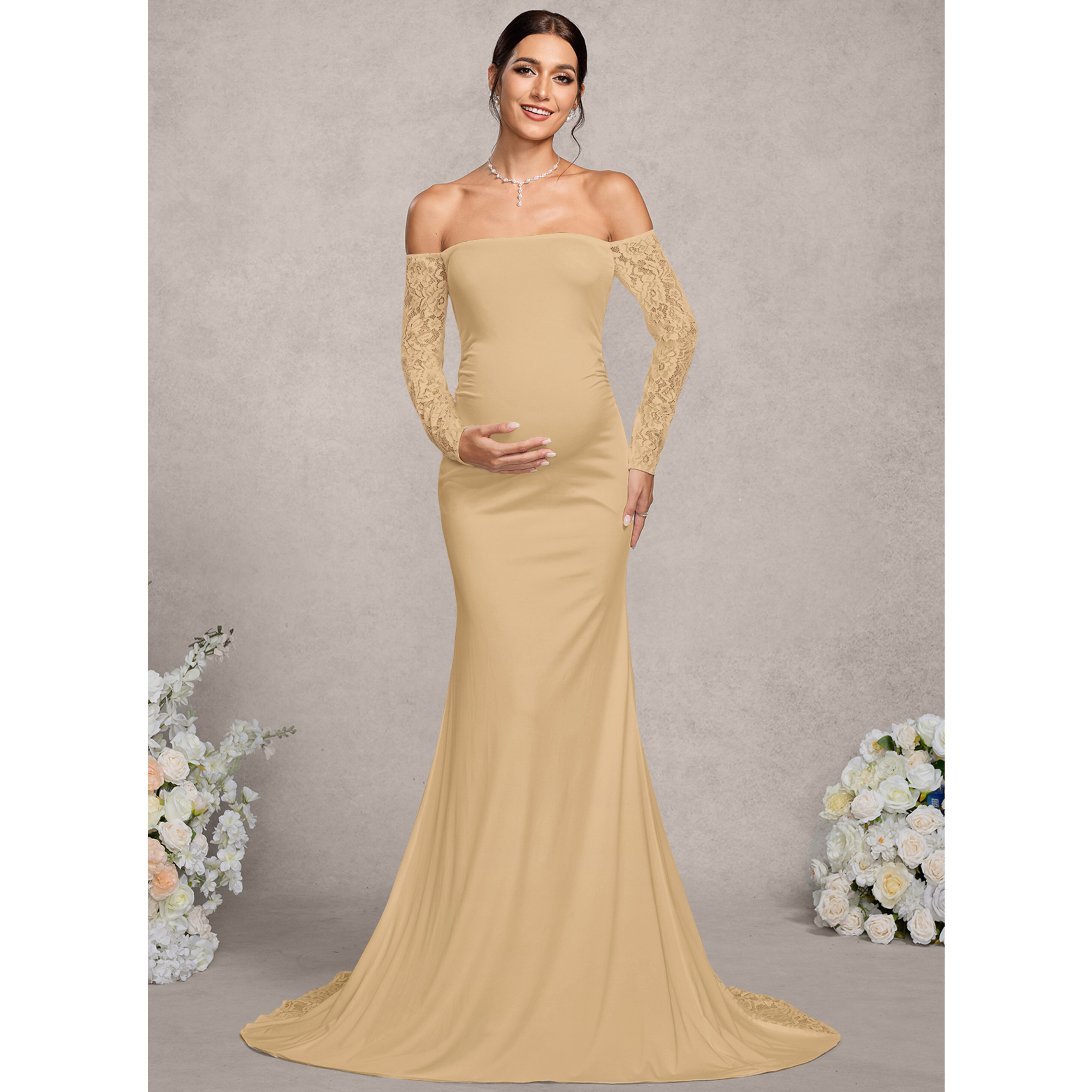 gold mermaid maternity dress Champagne V-Neck Maternity Gown Spaghetti Strap Mermaid Party Dress DS DSProm