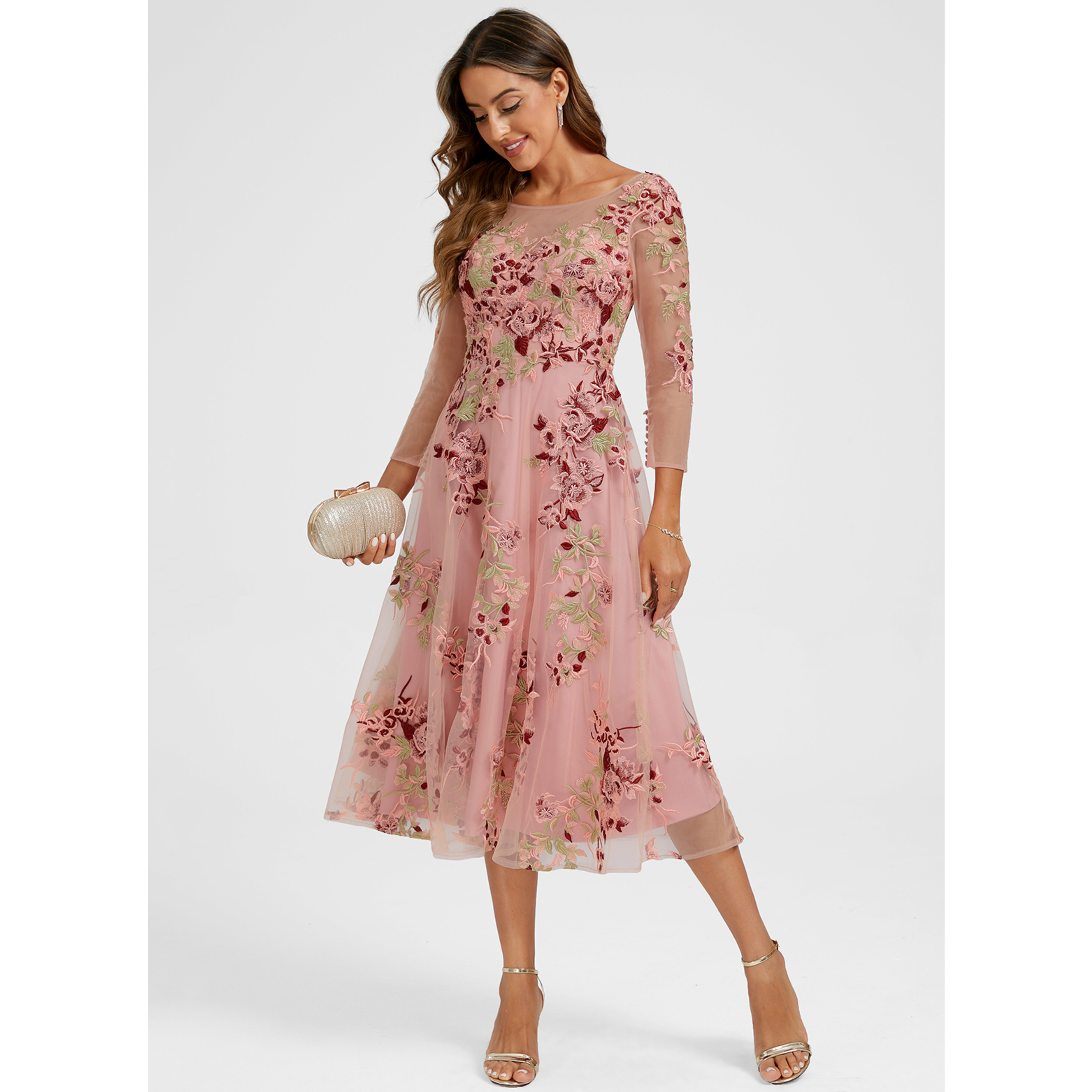 JJ's House A-line Scoop Illusion Tea-Length Lace Floral Cocktail Dress 2026 - Size: 22, Pink Floral. Available in Regular, Petite & Plus Size.
