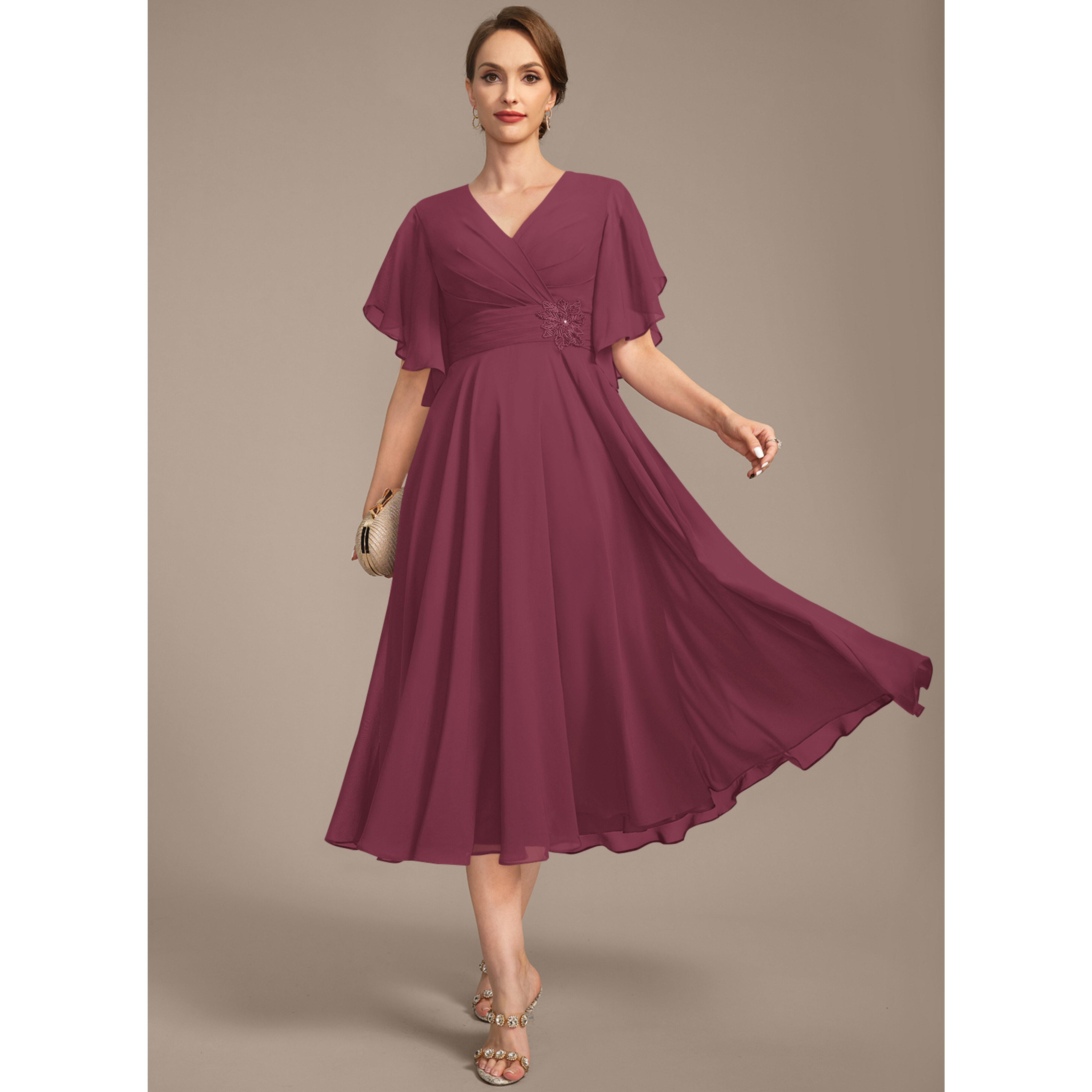 Aulelei A-line V-Neck Pleated Chiffon Mother of the Bride Dress
