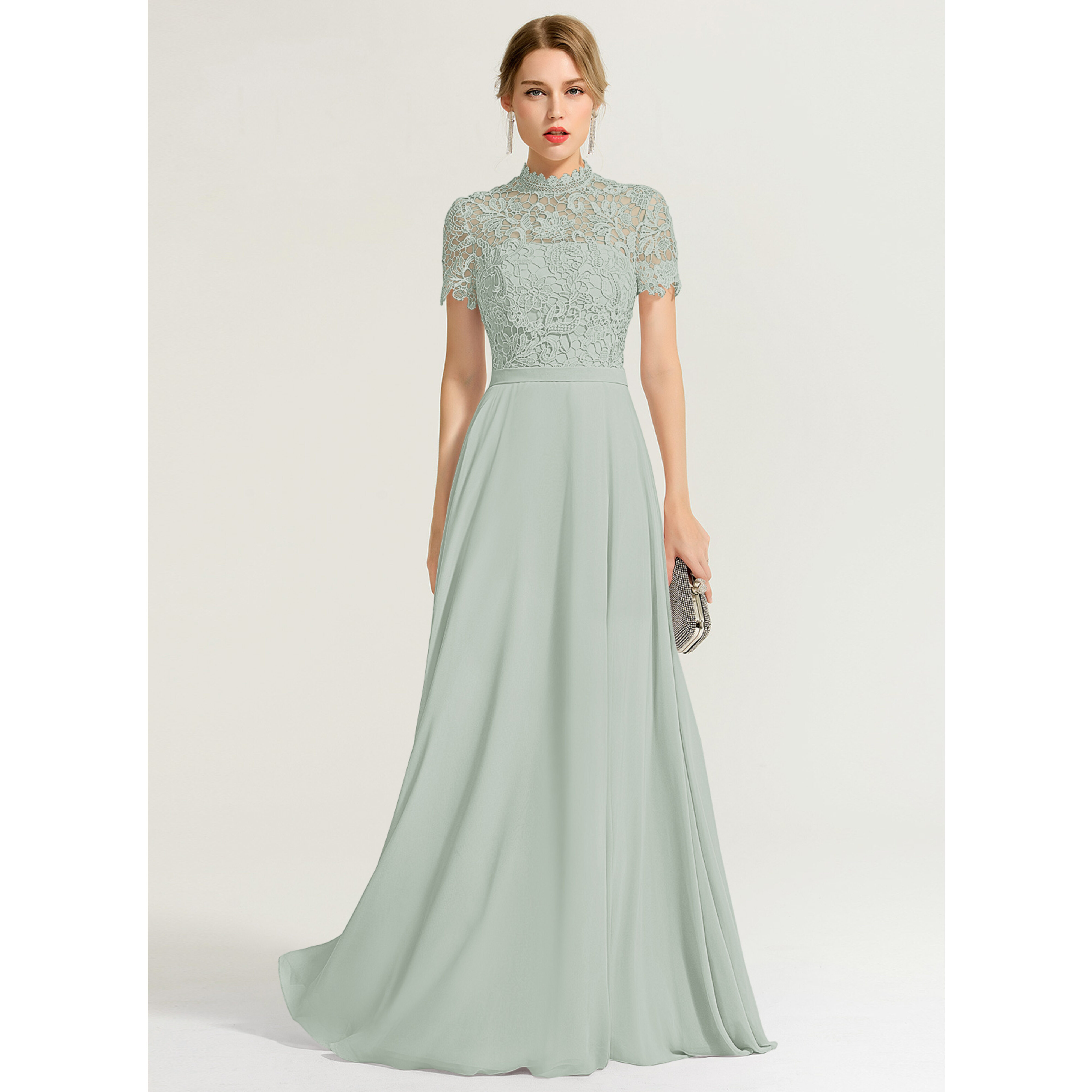 JJ's House A-line High Neck Floor-Length Chiffon Lace Bridesmaid Dress 2026 - Size: 12, Agave, Green JJ's House A-line High Neck Floor-Length Chiffon Lace Bridesmaid Dress 2026 - Size: 12, Agave, Green