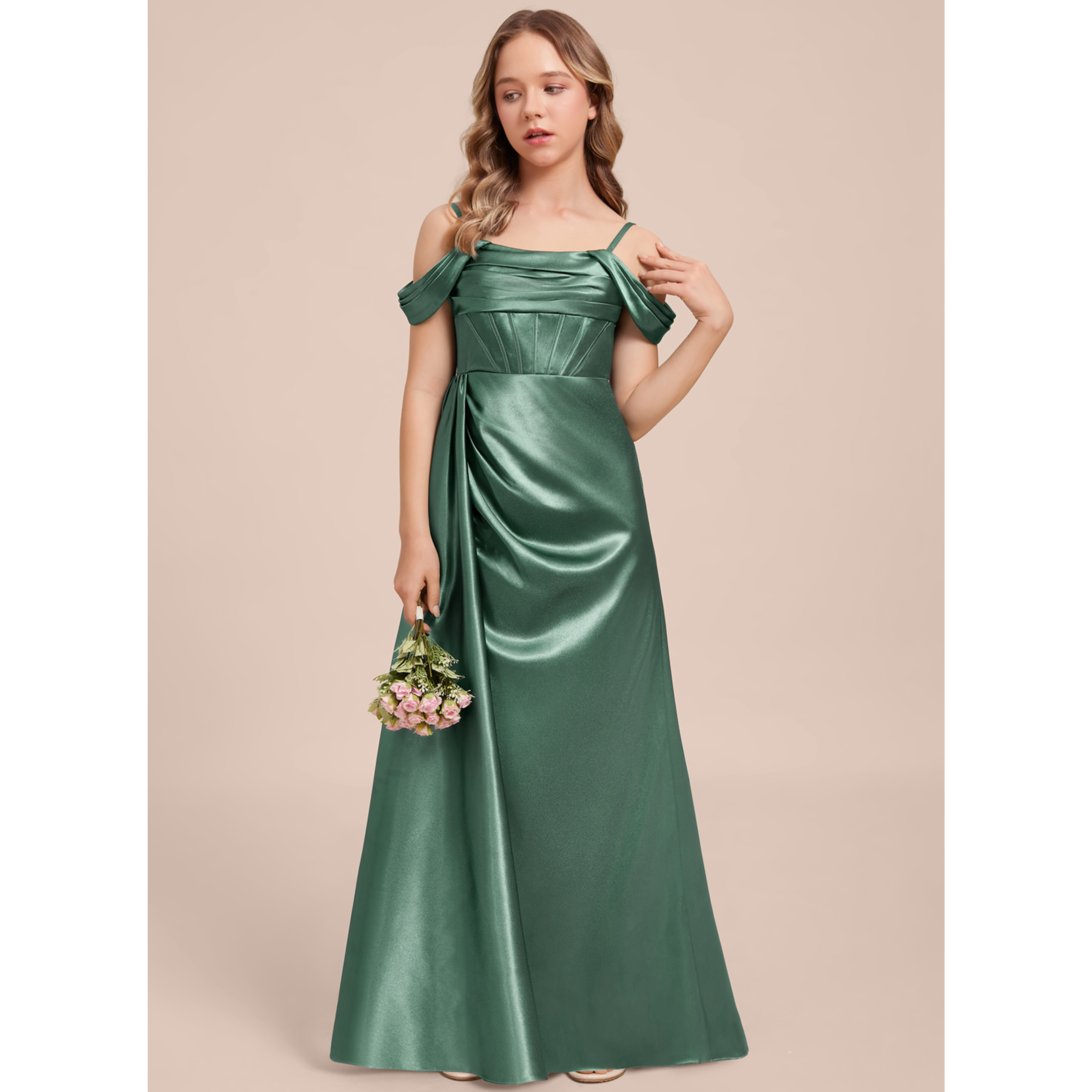 JJ's House Sheath Column Cold Shoulder Floor-Length Stretch Satin Junior Bridesmaid Dress 2026