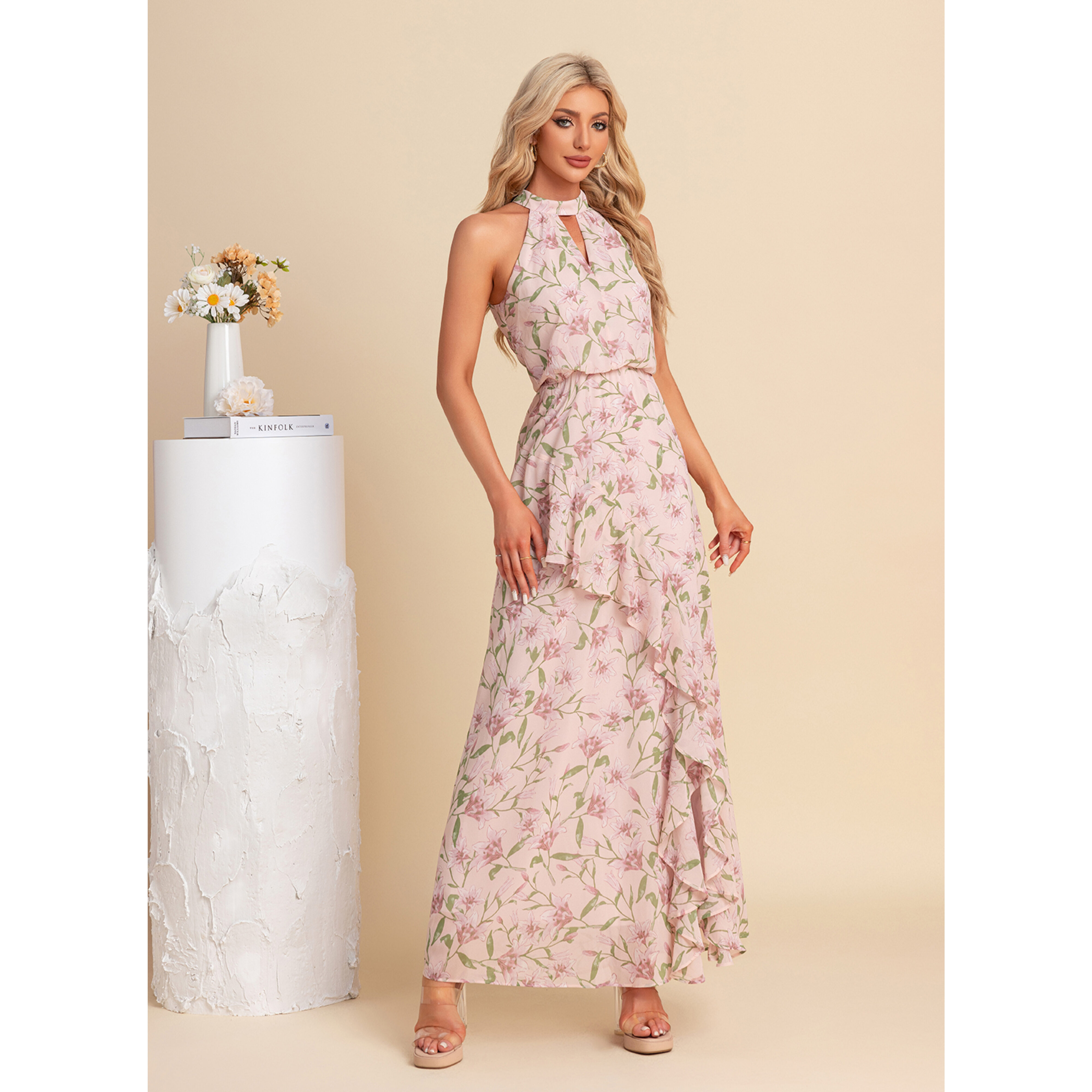 JJ's House Ruffle Floral Print Halter Sleeveless A-line Chiffon Asymmetrical Maxi Dress 2026 - Size: M, Pink