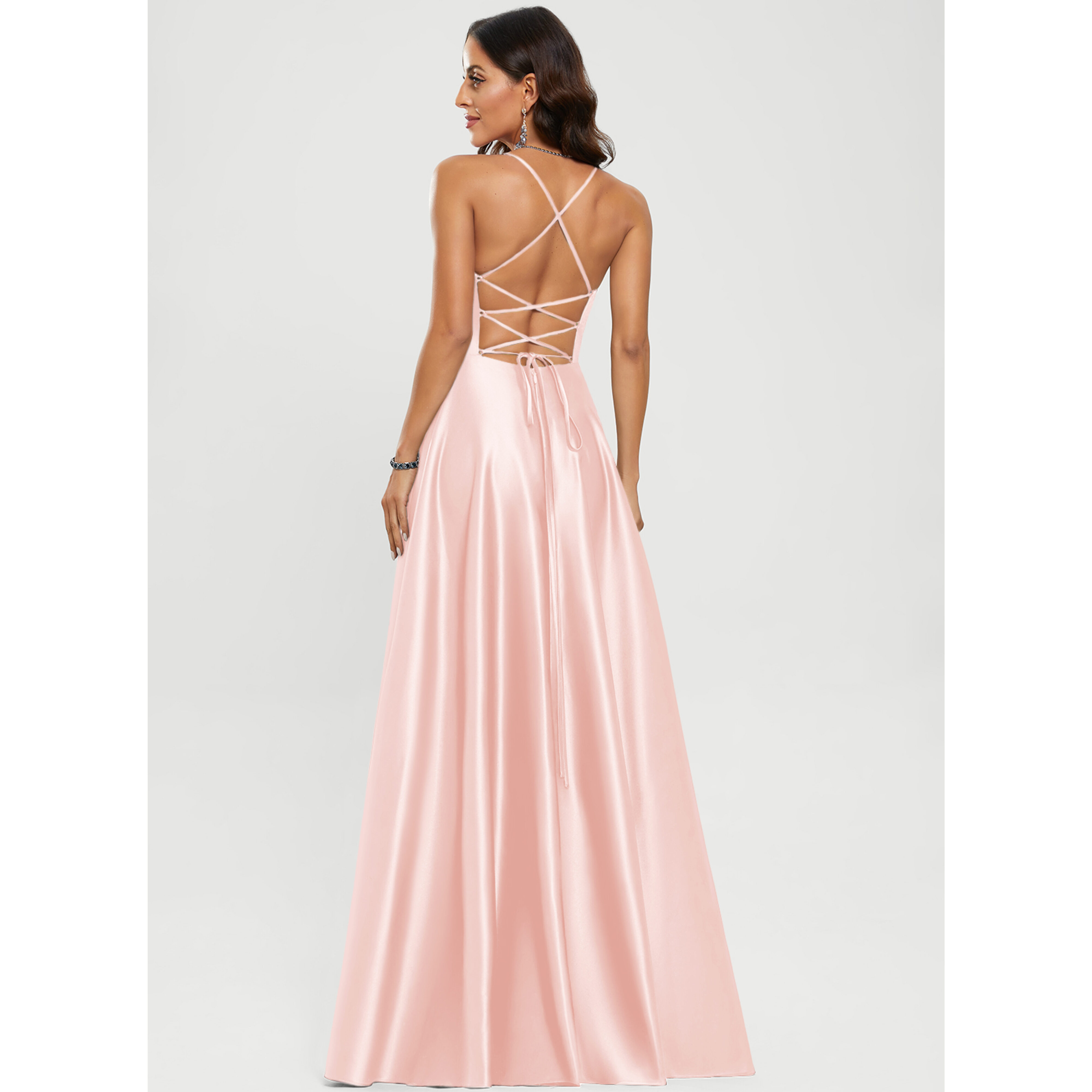 Euridice V-Neck Spaghetti Straps Satin Prom Dress | JJ's House
