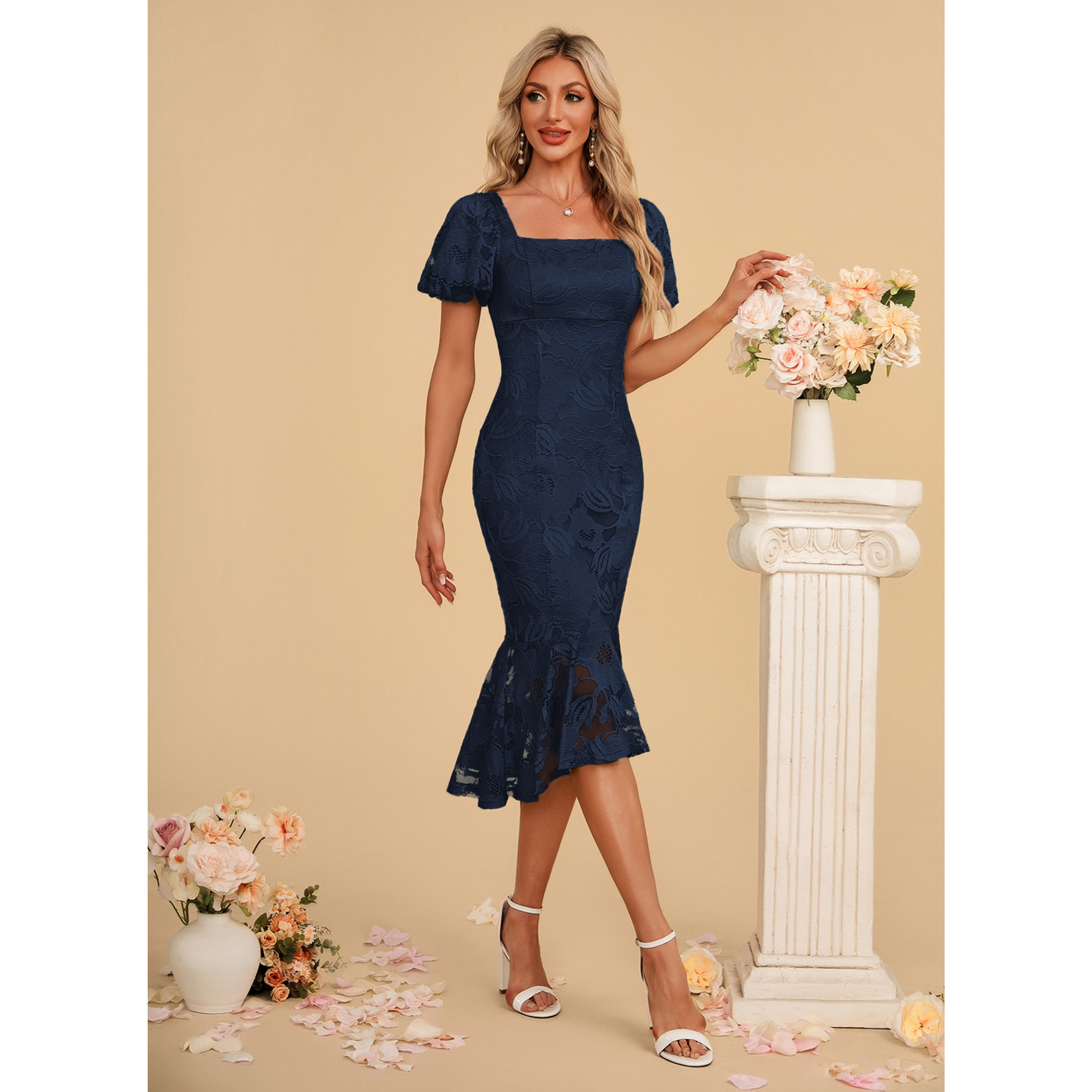 JJ's House Trumpet Mermaid Square Tea-Length Lace Cocktail Dress 2026 - Size: S, Navy Blue