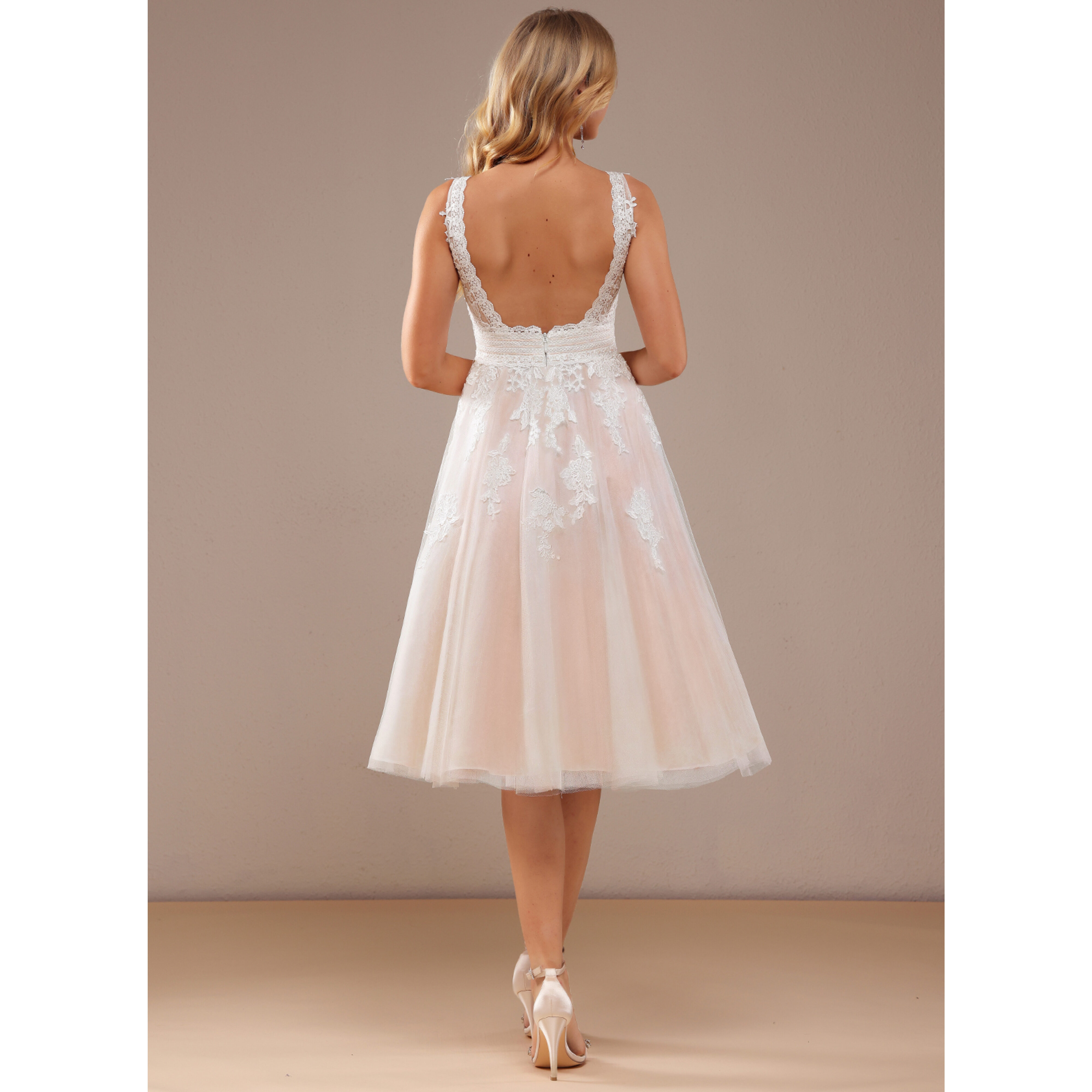 JJ's House A-line V-Neck Knee-Length Lace Tulle Wedding Dress 2026