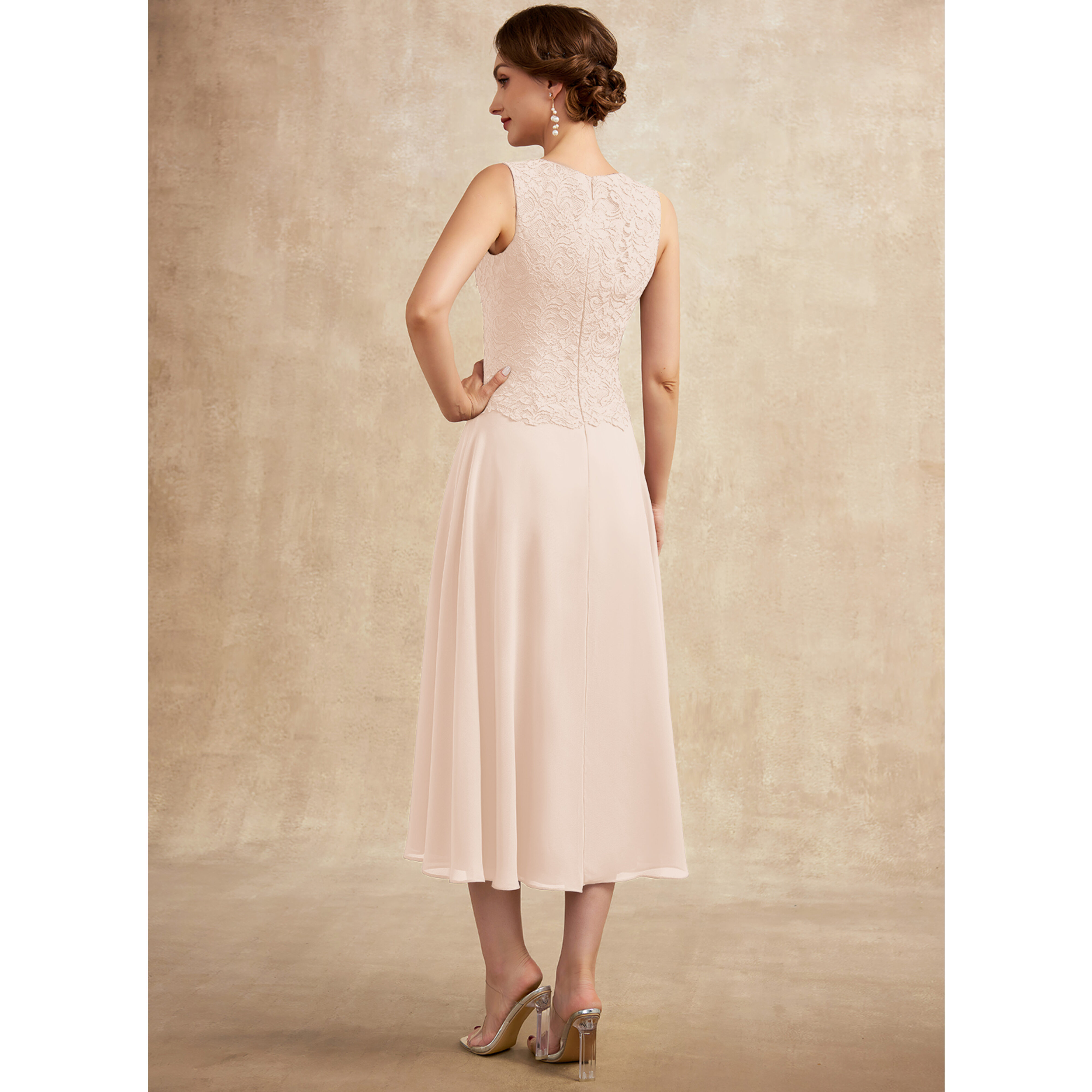 JJ's House A-line Scoop Tea-Length Chiffon Lace Mother of the Bride Dress 2026 - Size: 22, Blushing Pink. Available in Regular, Petite & Plus Size.