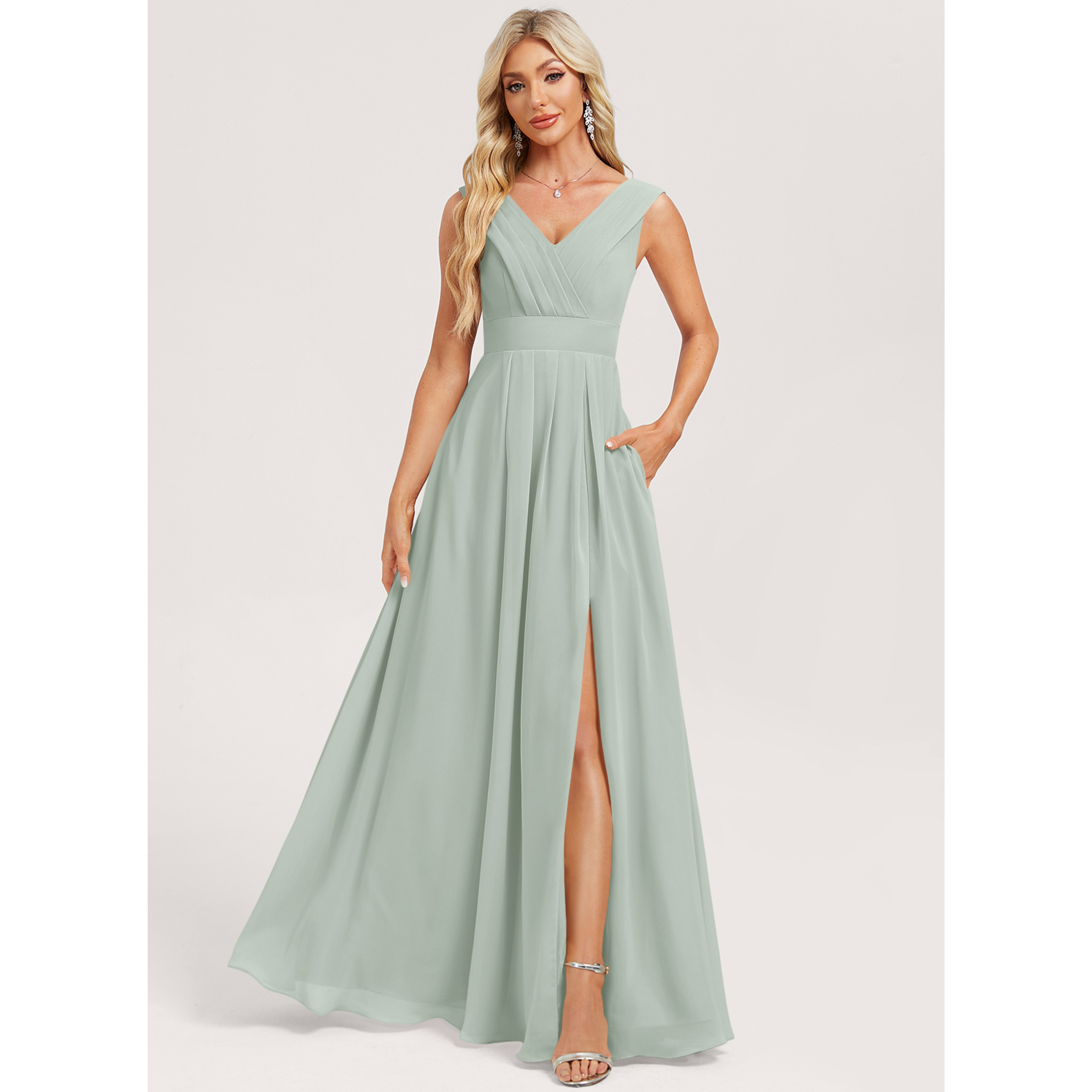 JJ's House A-line V-Neck Floor-Length Chiffon Bridesmaid Dress 2026 - Size: 4.5, Champagne, Neutral