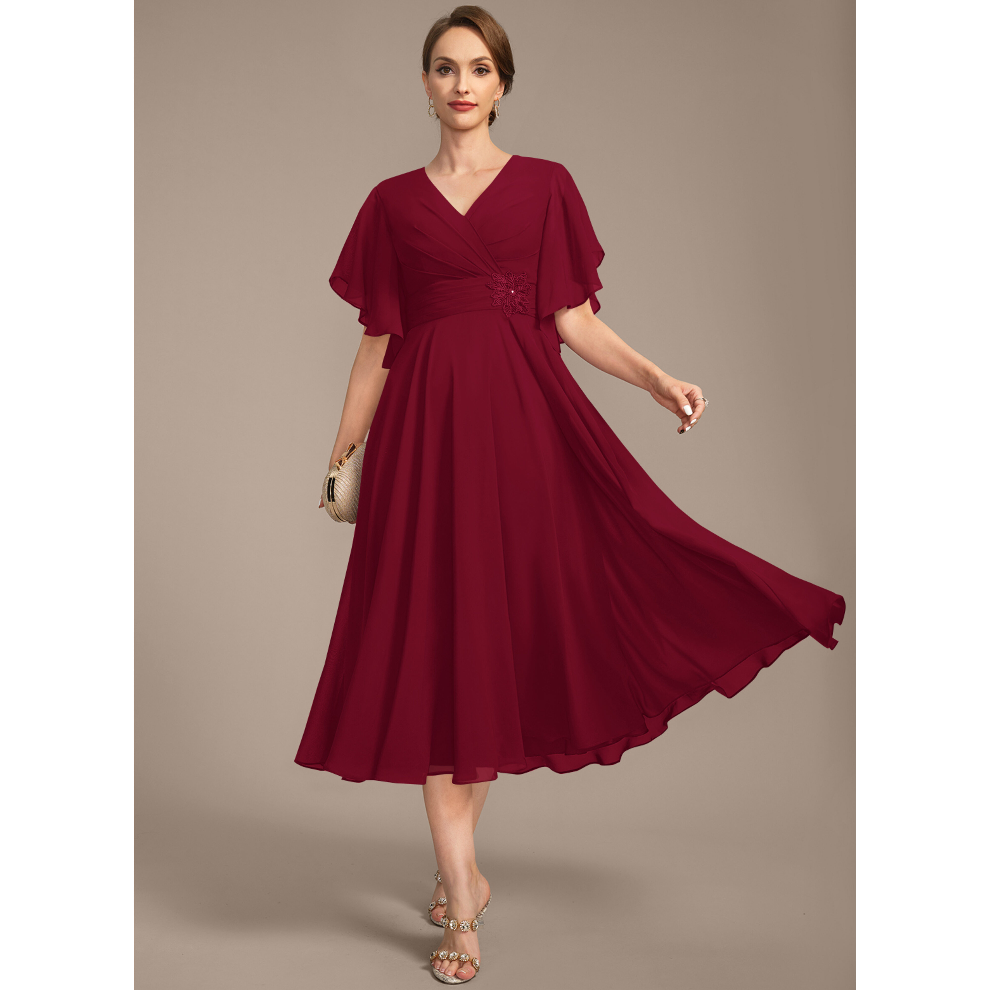 Aulelei A-line V-Neck Pleated Chiffon Mother of the Bride Dress
