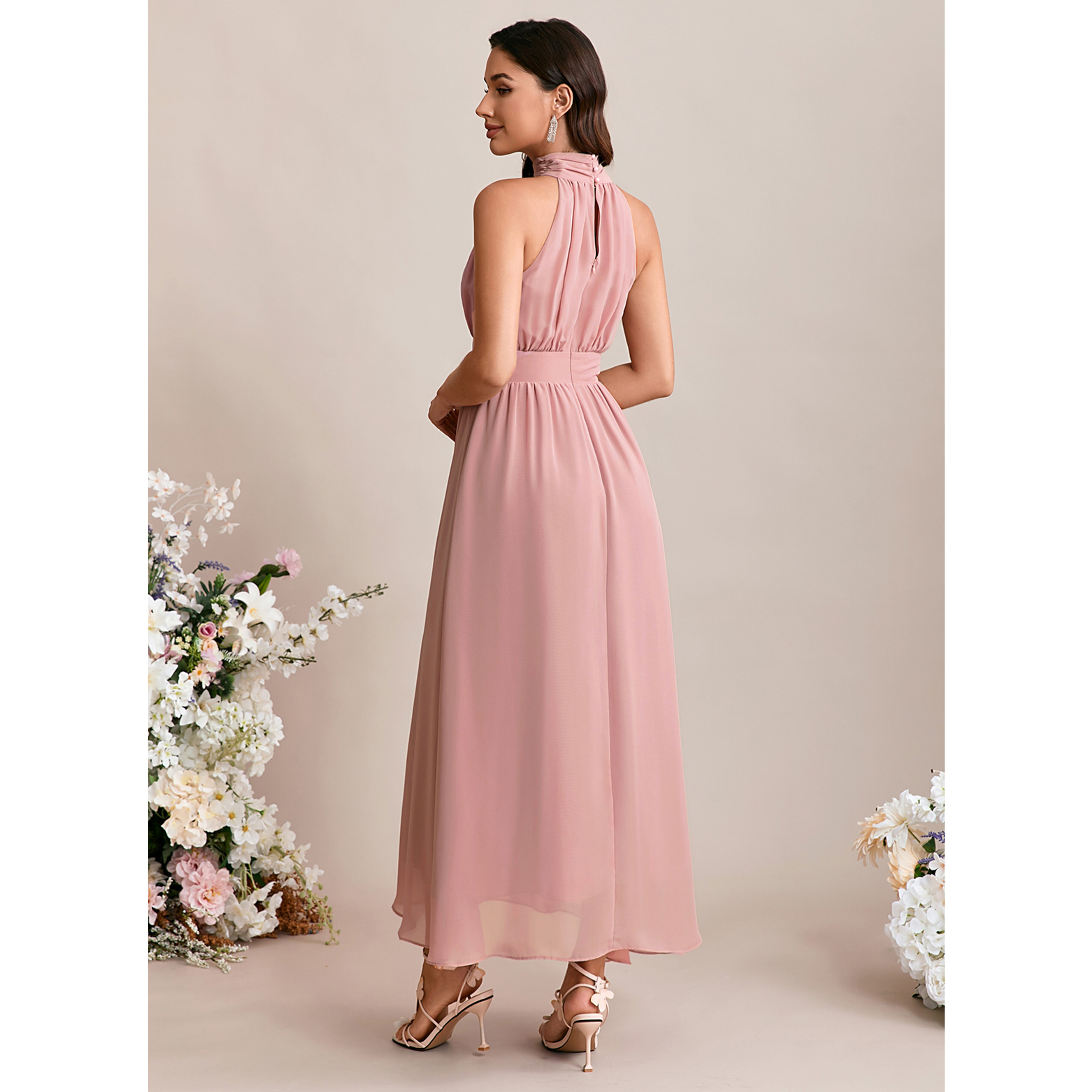 Janelis Halter Floral Print Chiffon Midi Cocktail Dress | JJ's House